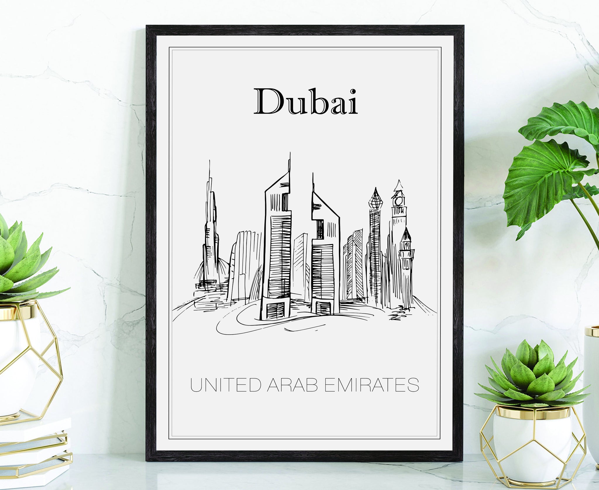 Hand Drawn Poster, Dubai Travel Poster, United Arab Emirates Poster Wall Art, Dubai Cityscape and Landmark Map, City Map Poster For Home