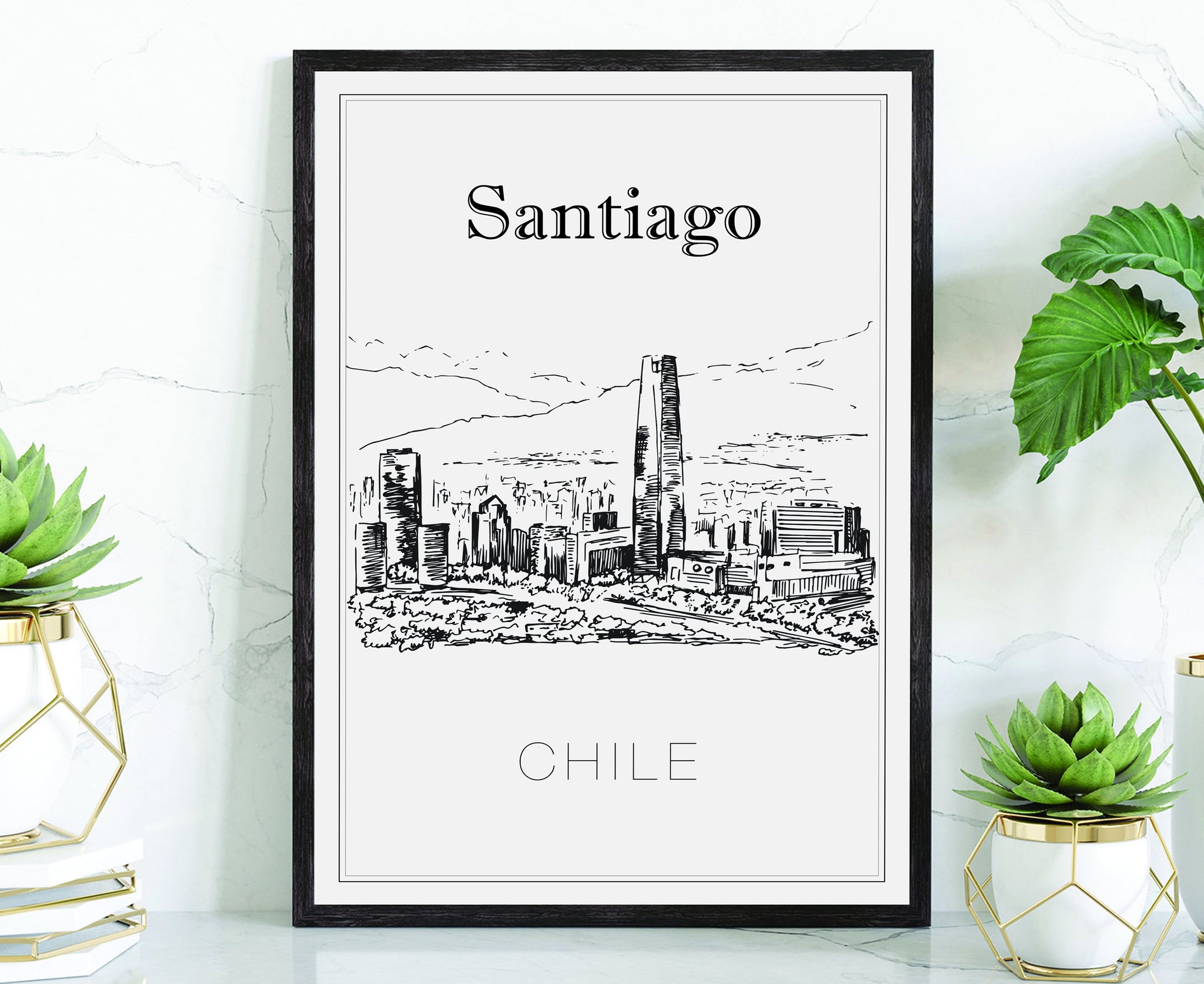 Hand Drawn Poster, Santiago Travel Poster, Chile Poster Wall Art, Santiago Cityscape and Landmark Map, City Map Poster for Home Office