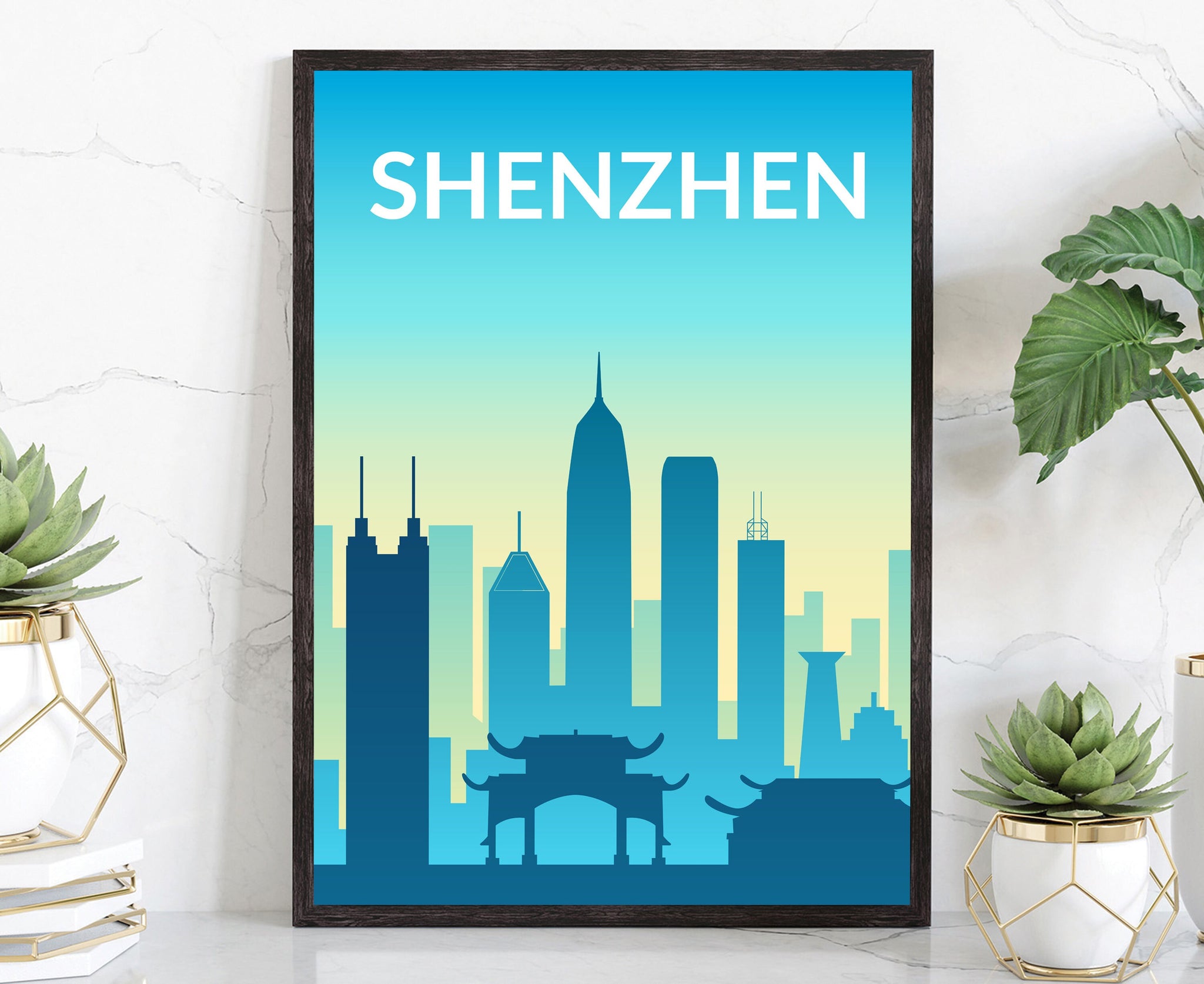Solid Color World City Poster, Shenzhen Solid Color Modern Poster Print, China Shenzhen Modern City Poster, Office  Home Wall Decoration