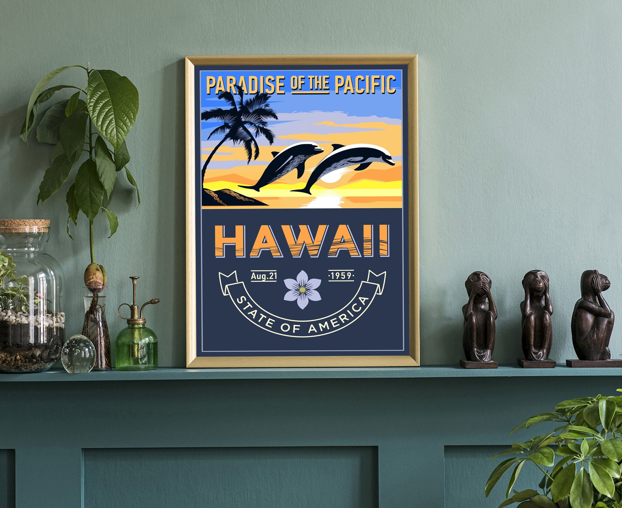 United States Hawaii State Poster, Hawaii Poster Print, Hawaii State Emblem Poster, Retro Travel State Poster, Home and Office Wall Art