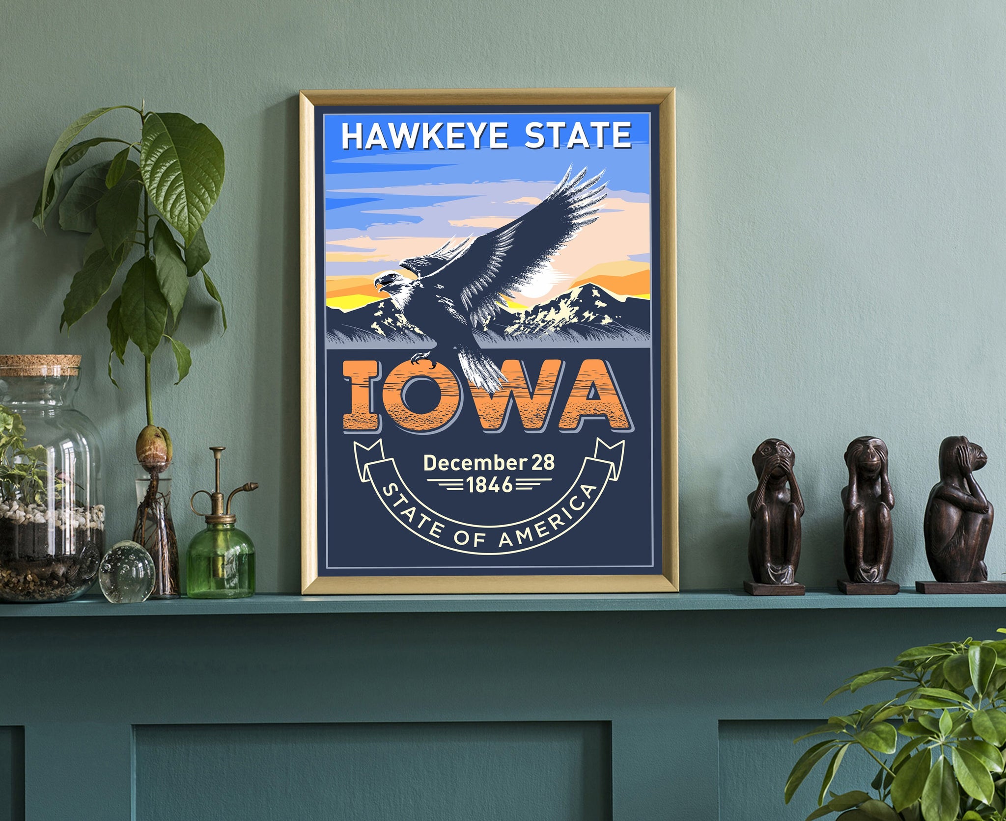 United States Iowa State Poster, Iowa Poster Print, Iowa State Emblem Poster, Retro Travel State Poster, Home Wall Art, Office Wall Art