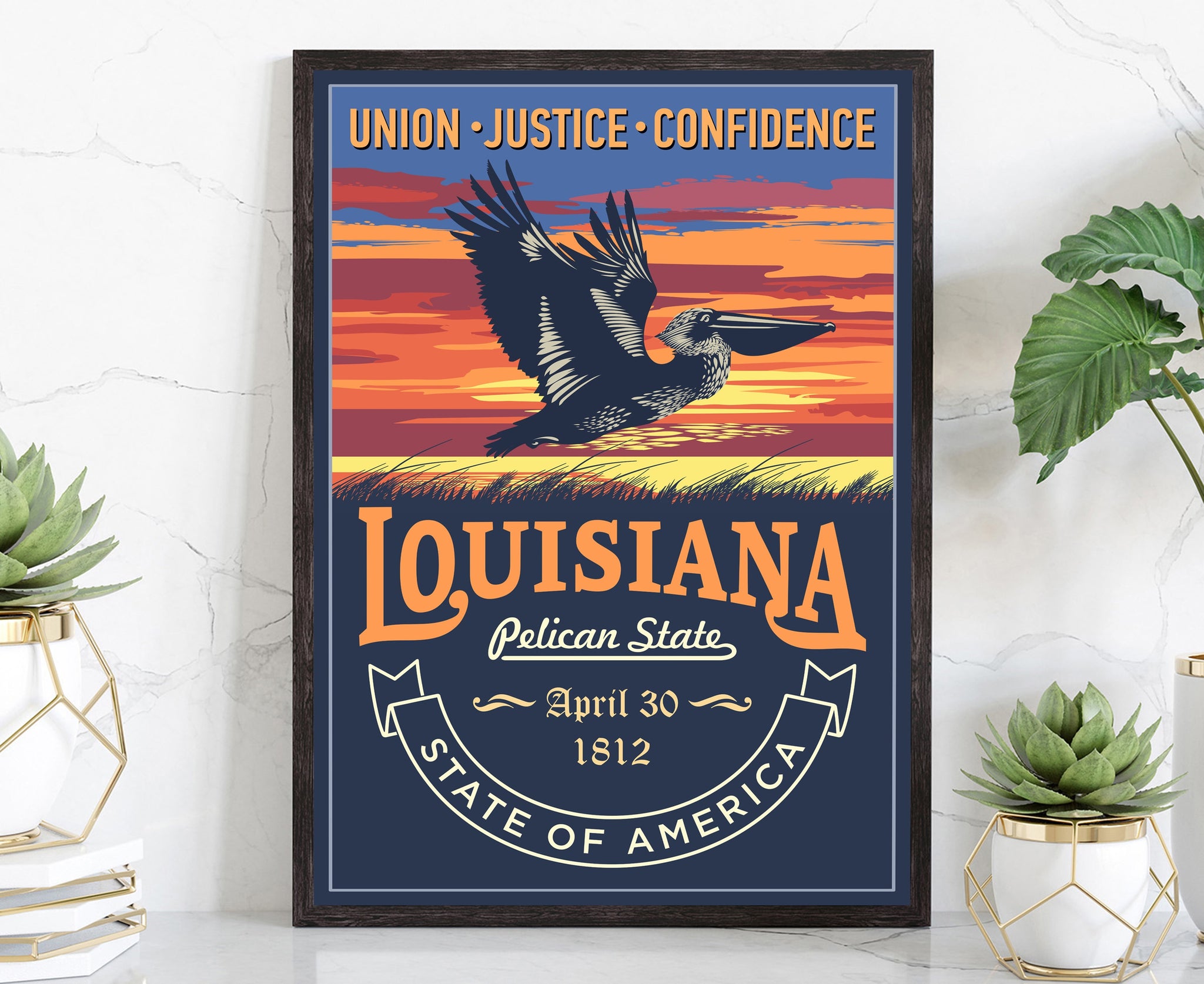 United States Poster, Louisiana State Poster Print, Louisiana State Emblem Poster, Retro Travel State Poster, Home Wall Art, Office Wall Art
