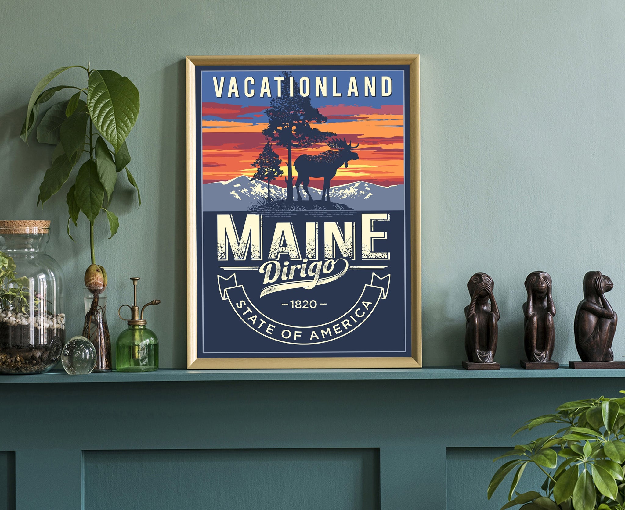 United States Poster, Maine State Poster Print, Maine State Emblem Poster, Retro Travel State Poster, Home Wall Art, Office Wall Art