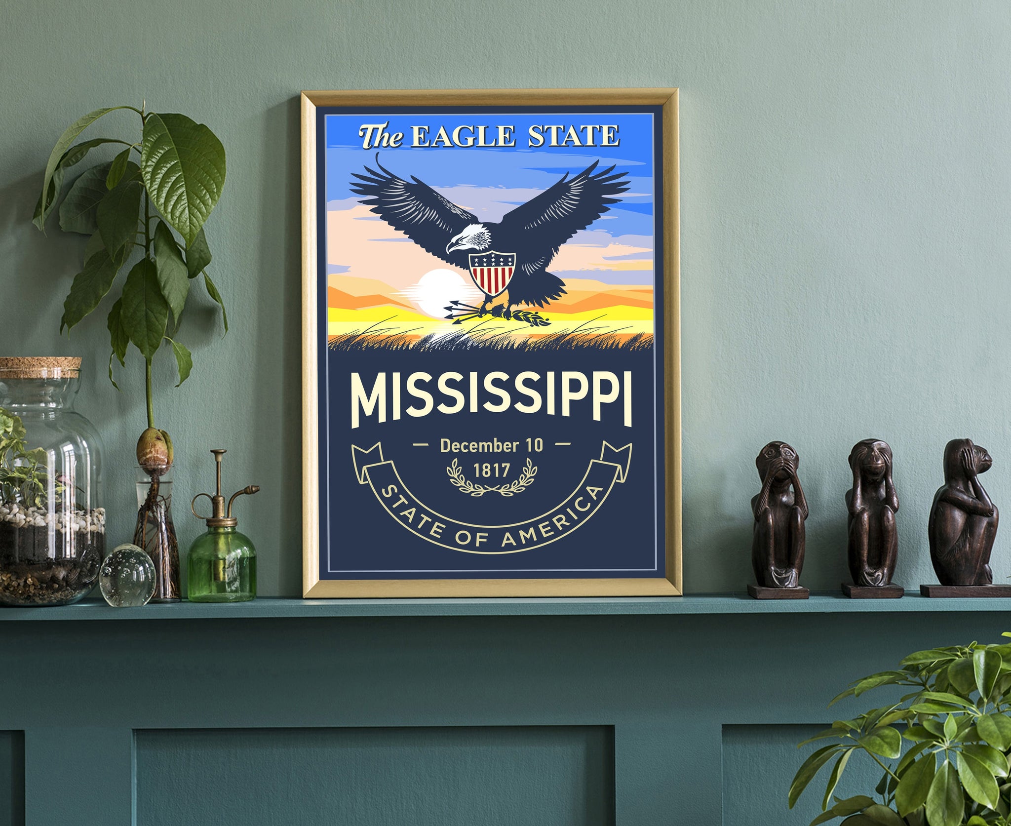United States Poster, Mississippi State Poster Print, Mississippi State Emblem Poster, Retro Travel State Poster, Home and Office Wall Art