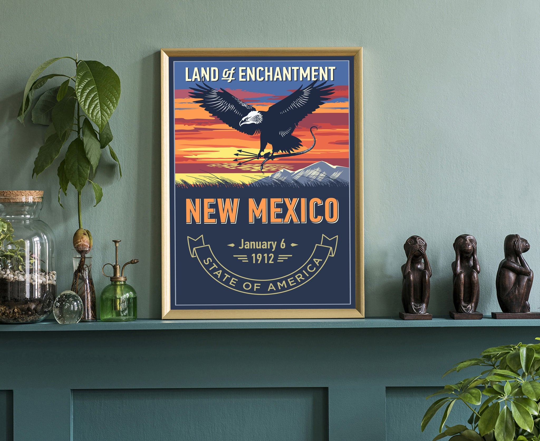 United States Poster, New Mexico State Poster Print, New Mexico State Emblem Poster, Retro Travel State Poster, Home Office Wall Art