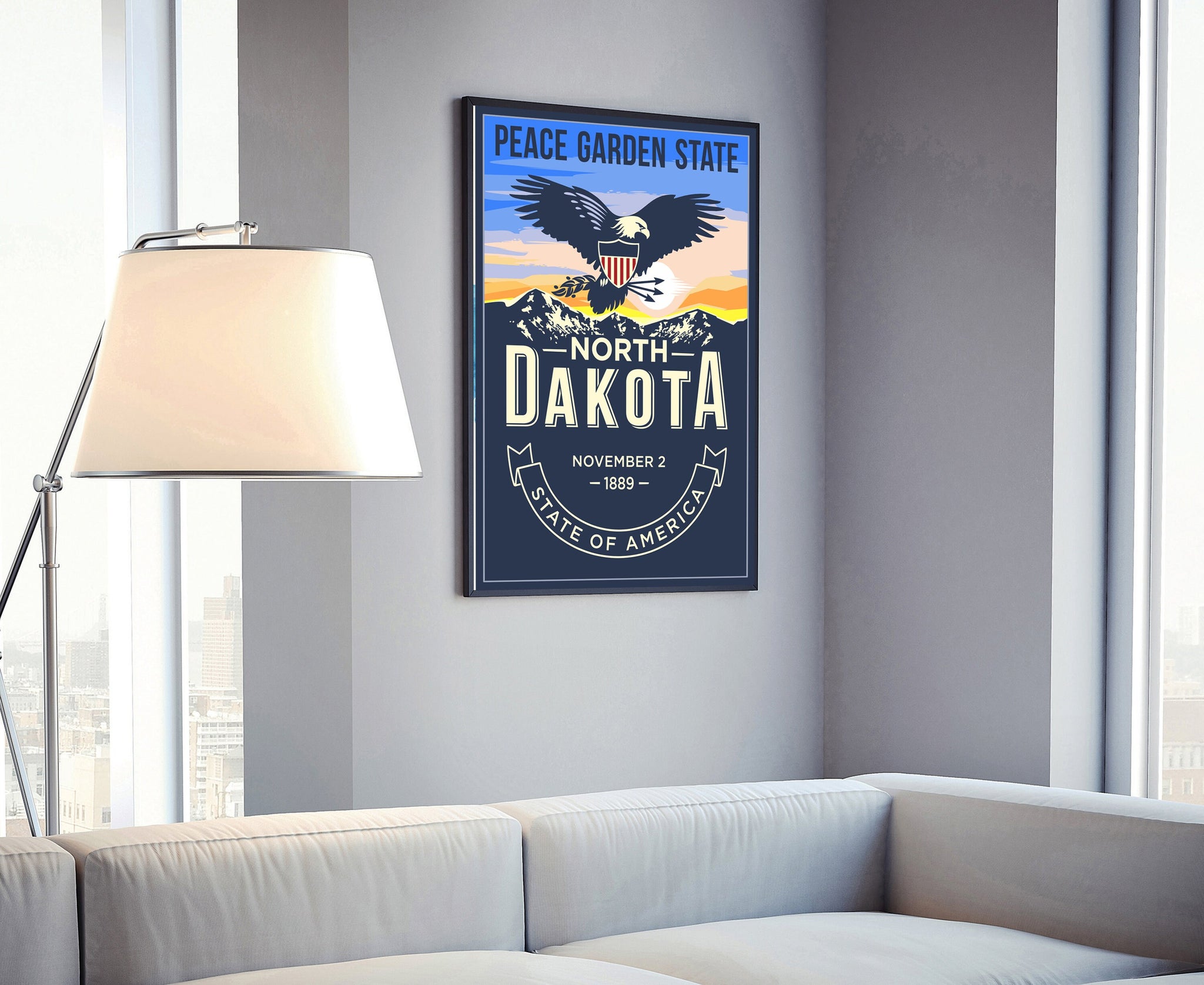 United States Poster, North Dakota State Poster Print, North Dakota State Emblem Poster, Retro Travel State Poster, Home Office Wall Art
