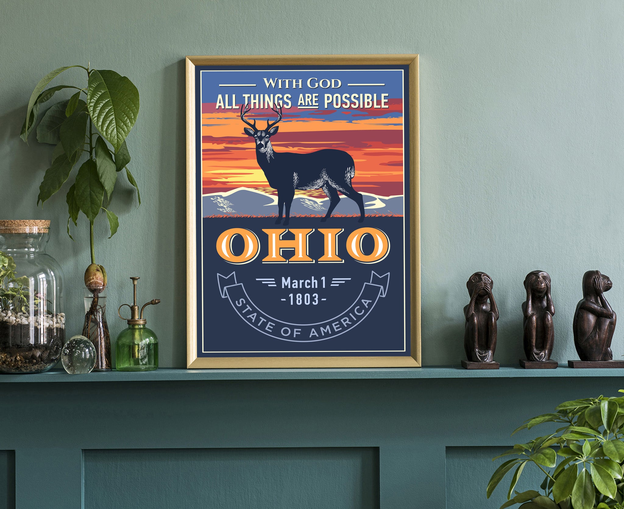 United States Poster, Ohio State Poster Print, Ohio State Emblem Poster, Retro Travel State Poster, Home Wall Art, Office Wall Art