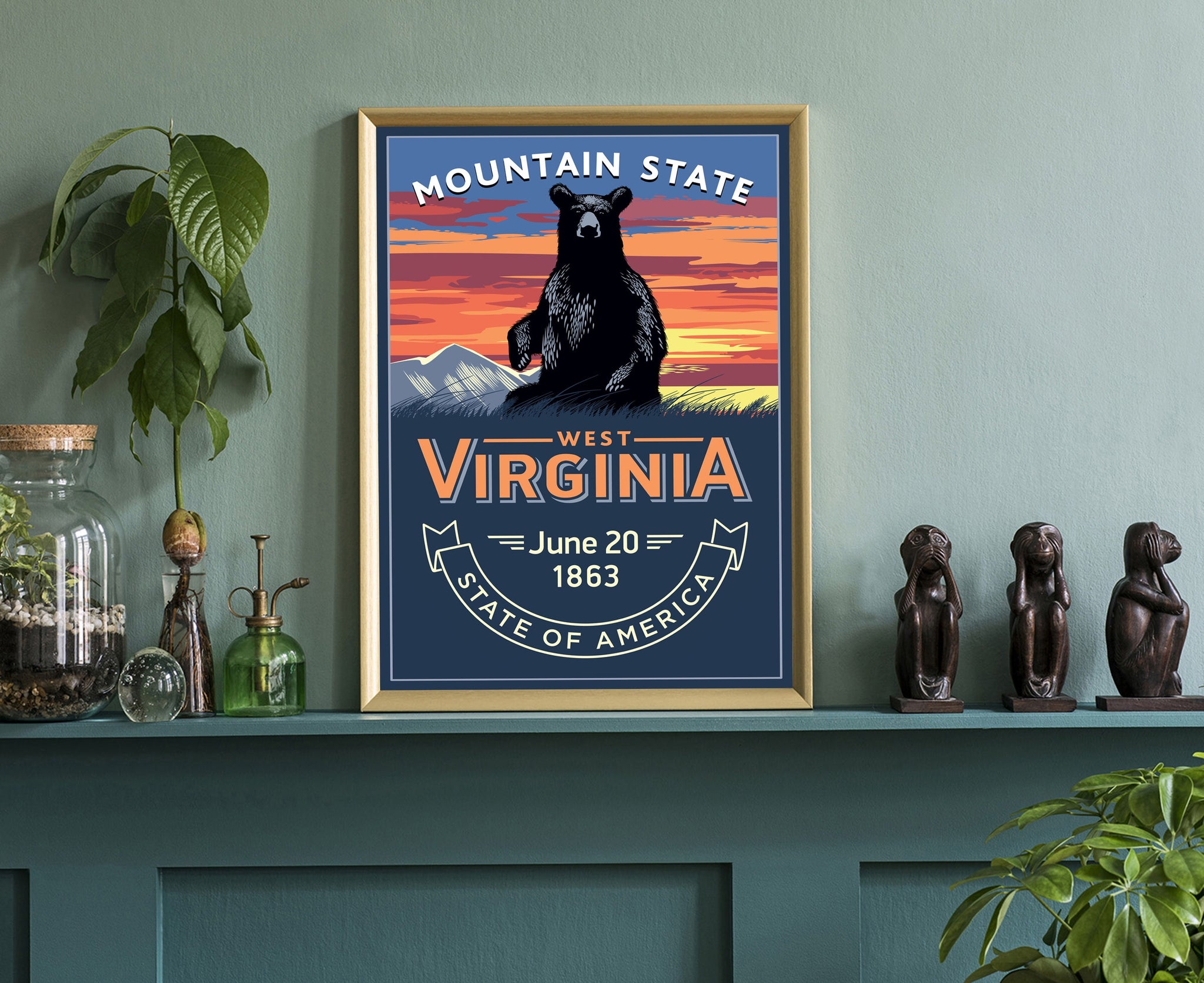 United States Poster, West Virginia State Poster Print, West Virginia State Emblem Poster, Retro Travel State Poster, Home Office Wall Art