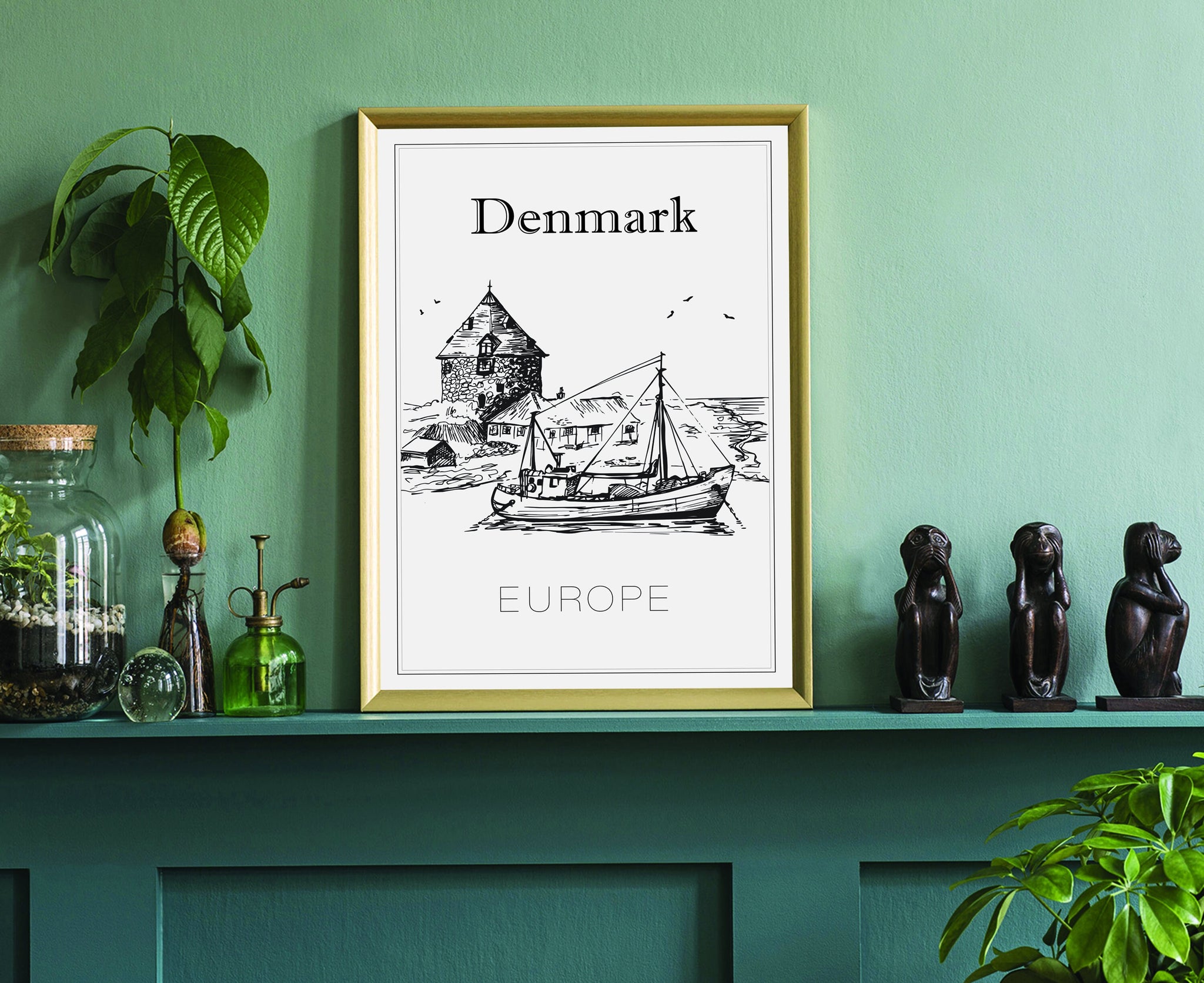 Hand Drawn Poster, Denmark Travel Poster, Denmark Europe Poster Wall Art, Denmark Cityscape and Landmark Map, City Map Poster For Home