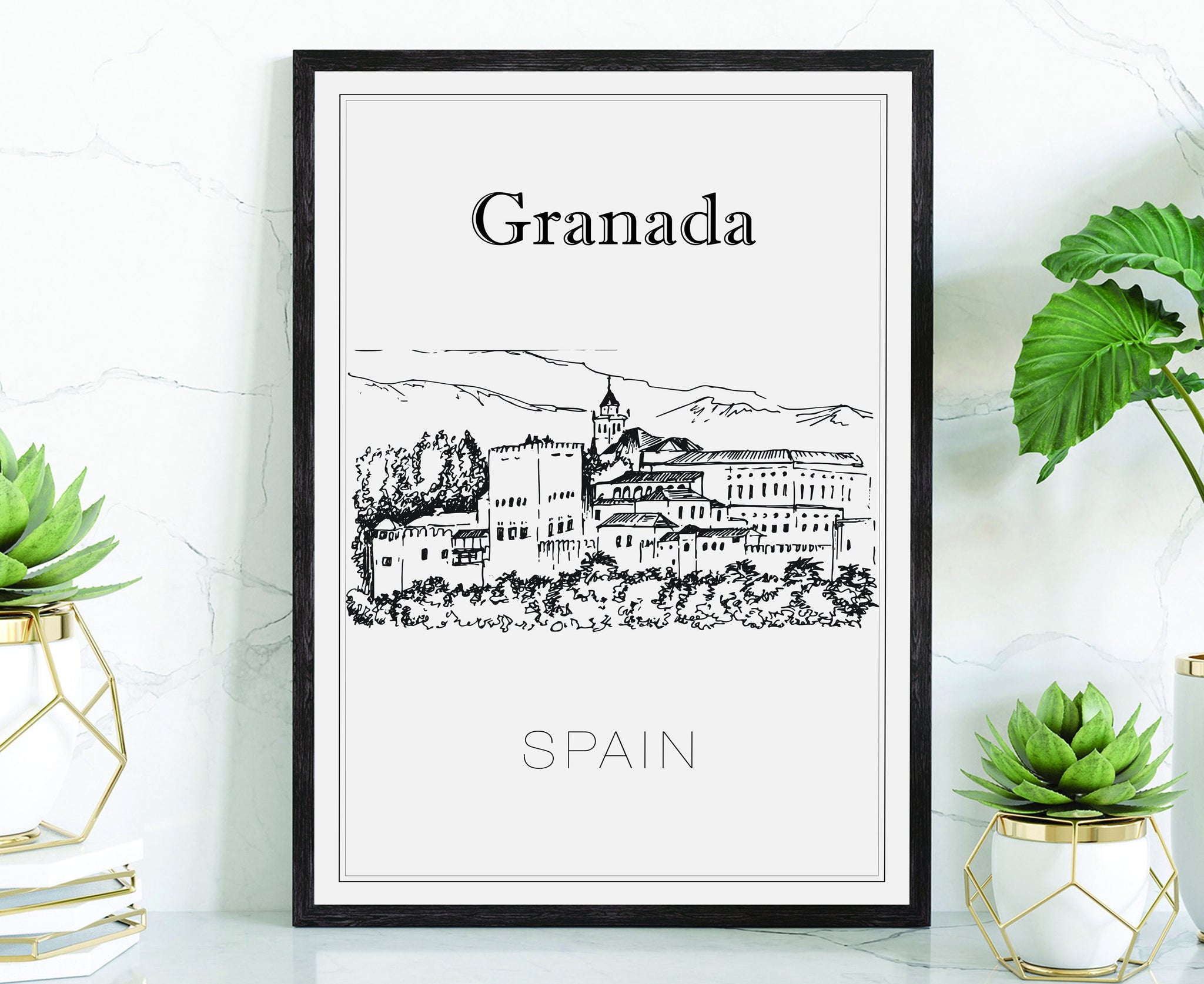 Hand Drawn Poster, Granada Travel Poster, Spain Granada Poster Wall Art, Granada Cityscape and Landmark Map, City Map Poster For Home