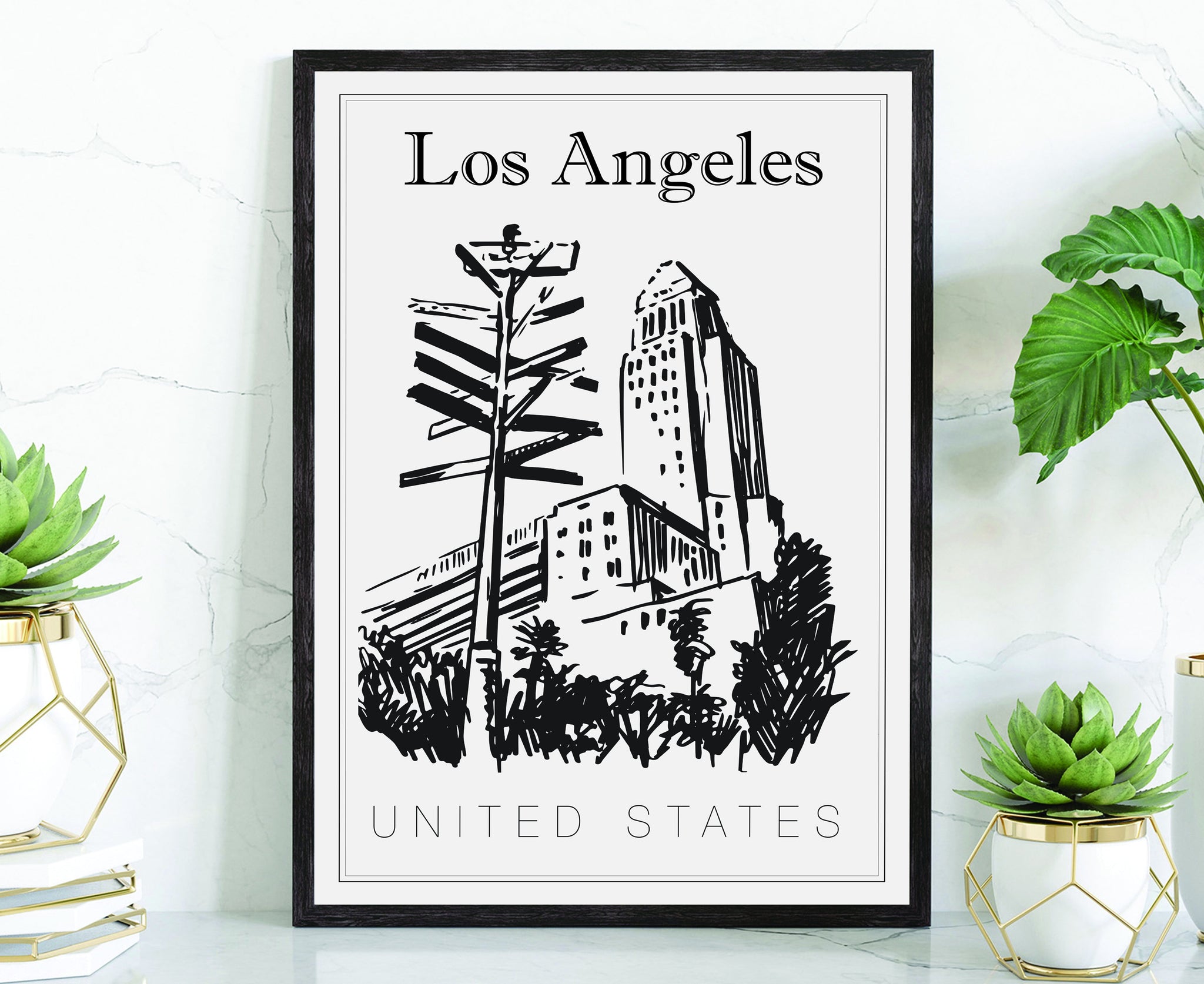 Hand Drawn Poster, Los Angeles Travel Poster, United States Poster Wall Art, Los Angeles Cityscape and Landmark Map, State Poster For Home