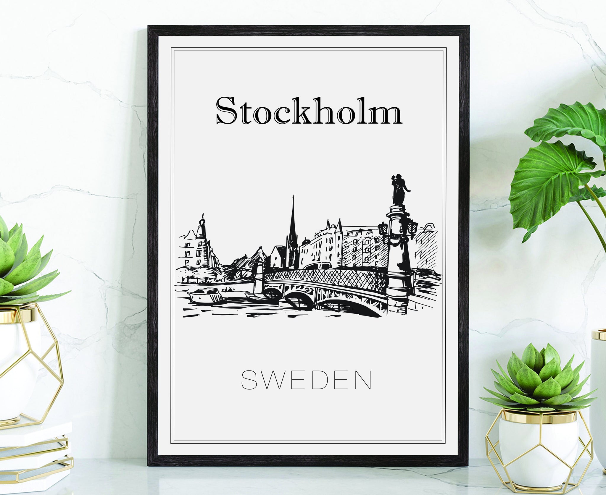 Hand Drawn Poster, Stockholm Travel Poster, Sweden Poster Wall Art, Stockholm Cityscape and Landmark Map, Sweden City Map Poster for Home