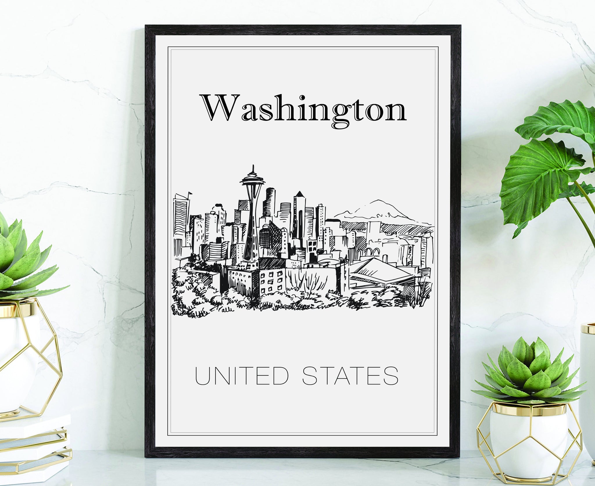 Hand Drawn Poster, Washington Travel Poster, United States Poster Wall Art, Washington Cityscape and Landmark Map, City Map Poster for Home