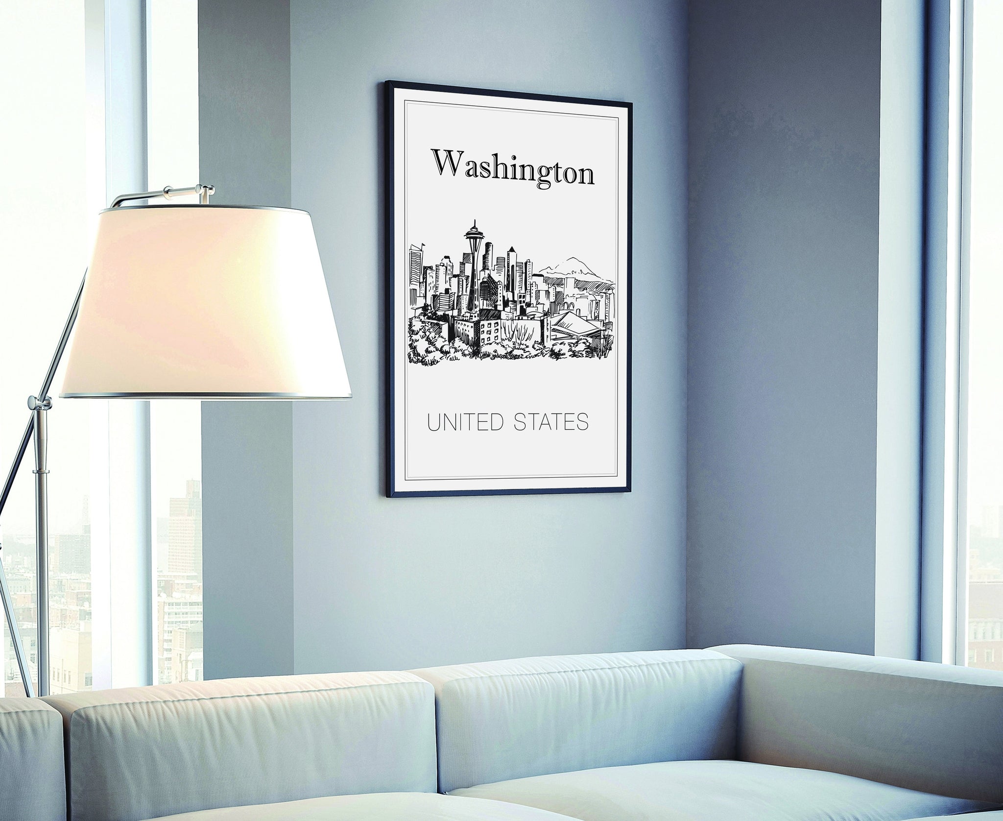 Hand Drawn Poster, Washington Travel Poster, United States Poster Wall Art, Washington Cityscape and Landmark Map, City Map Poster for Home