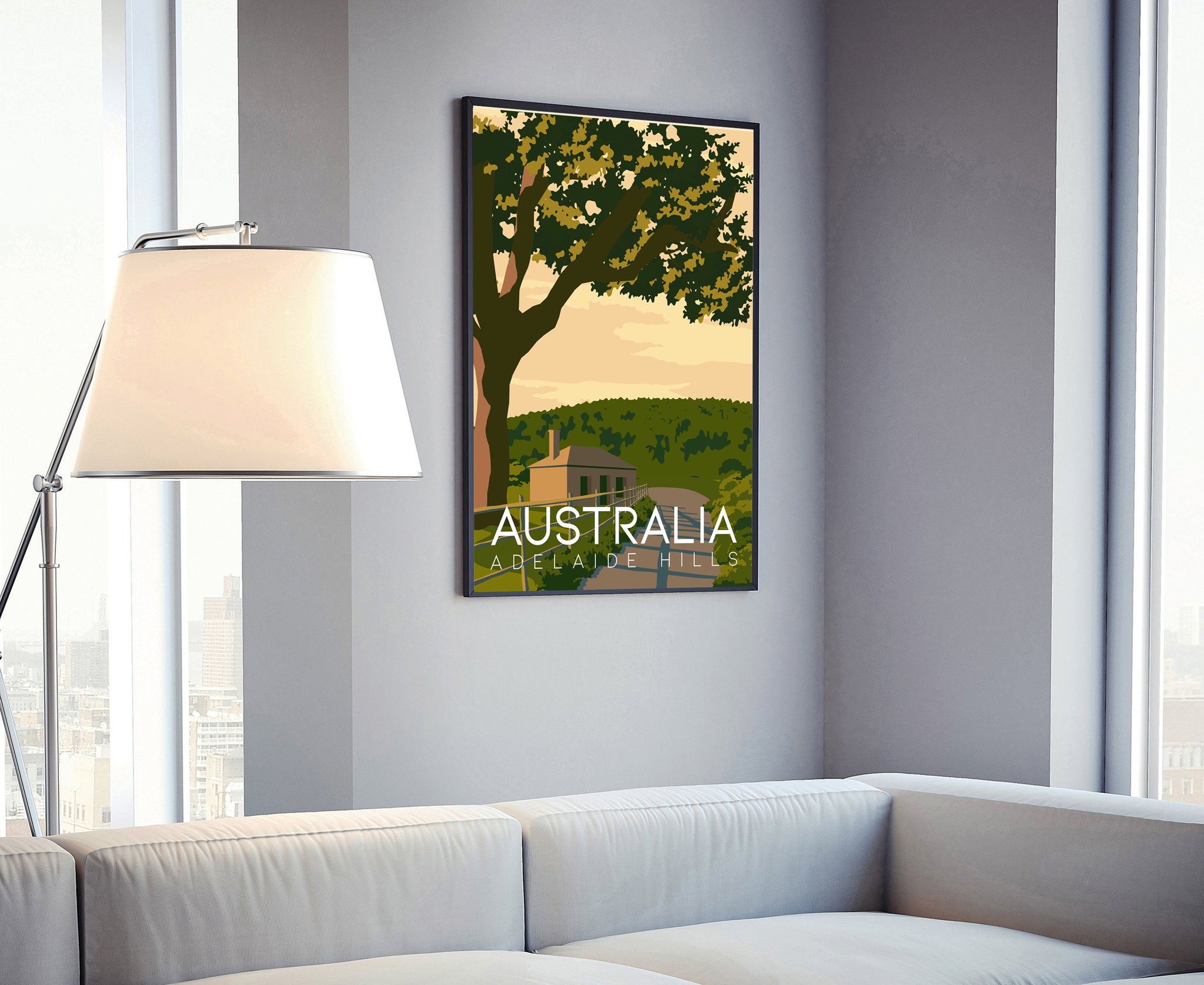 AUSTRALIA retro style travel poster, Adelaide Hills cityscape poster artwork, Australia landmark poster wall art, Office wall decoration