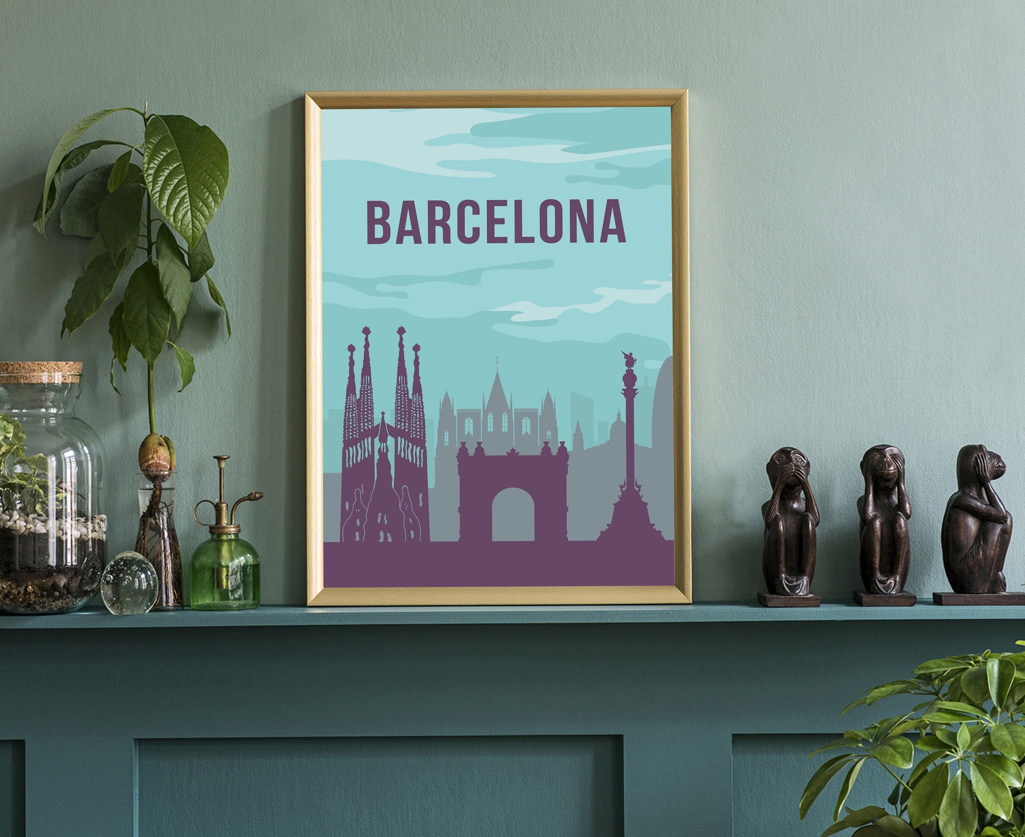 Retro style travel poster, BARCELONA cityscape landmark poster wall art, Home wall art, Office wall decoration, Spain Barcelona poster print
