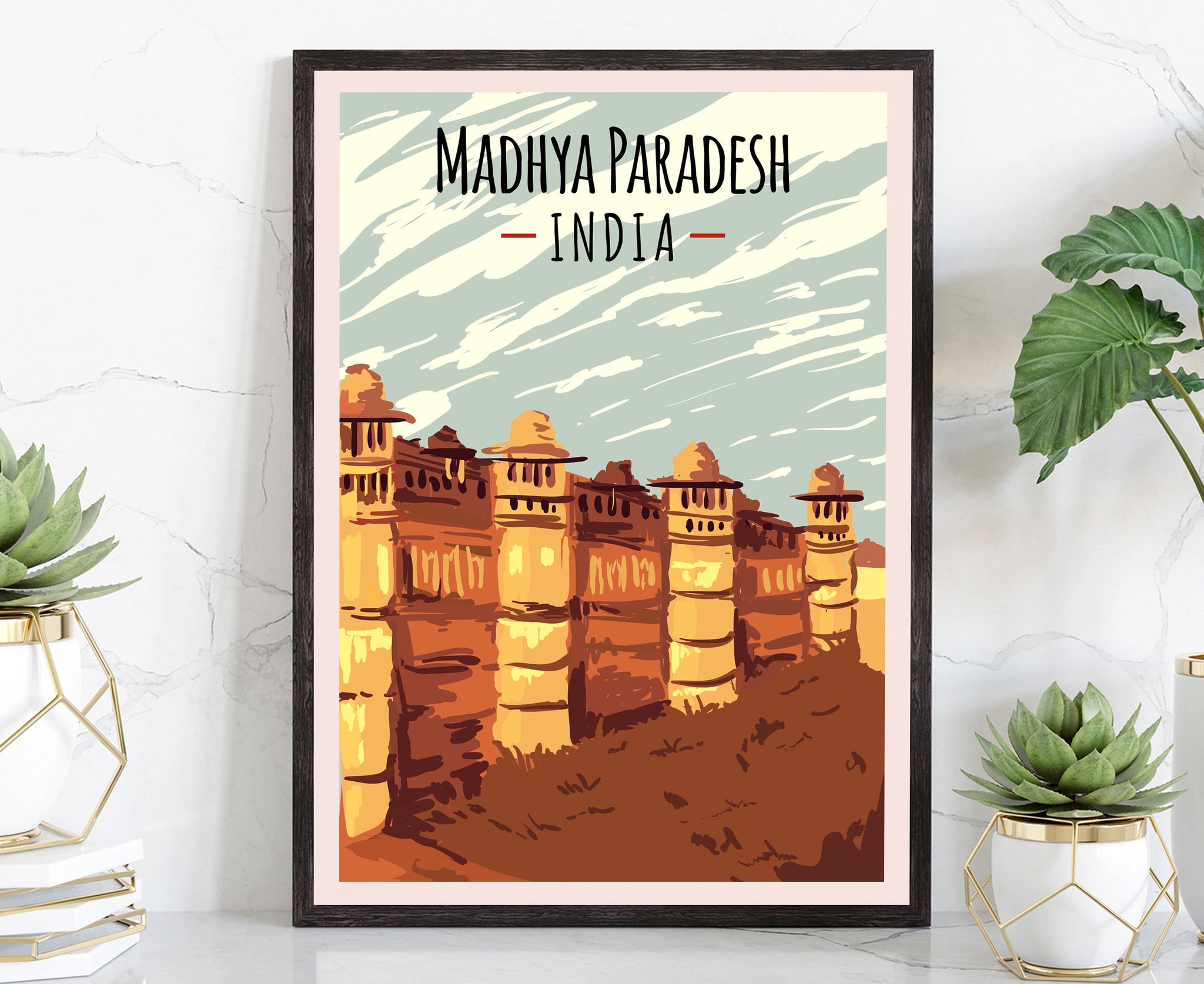 INDIA TRAVEL POSTER, Madhya Pradesh India Cityscape and Landmark Poster Wall Art, Home Wall Art, Office Wall Decor
