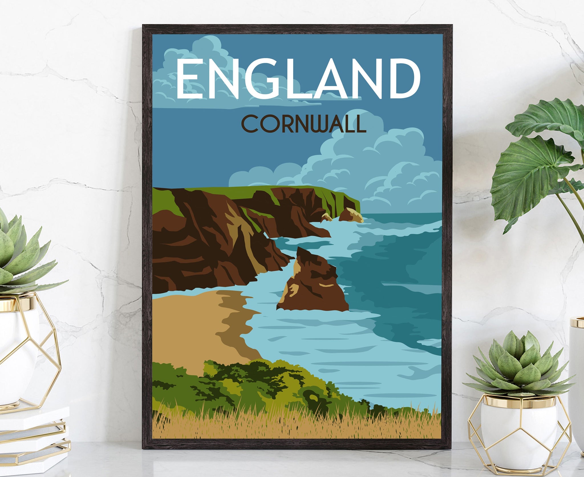 ENGLAND CORNWALL retro travel poster, England Cornwall cityscape poster, Cornwall landmark poster, Home wall art, Office wall decoration