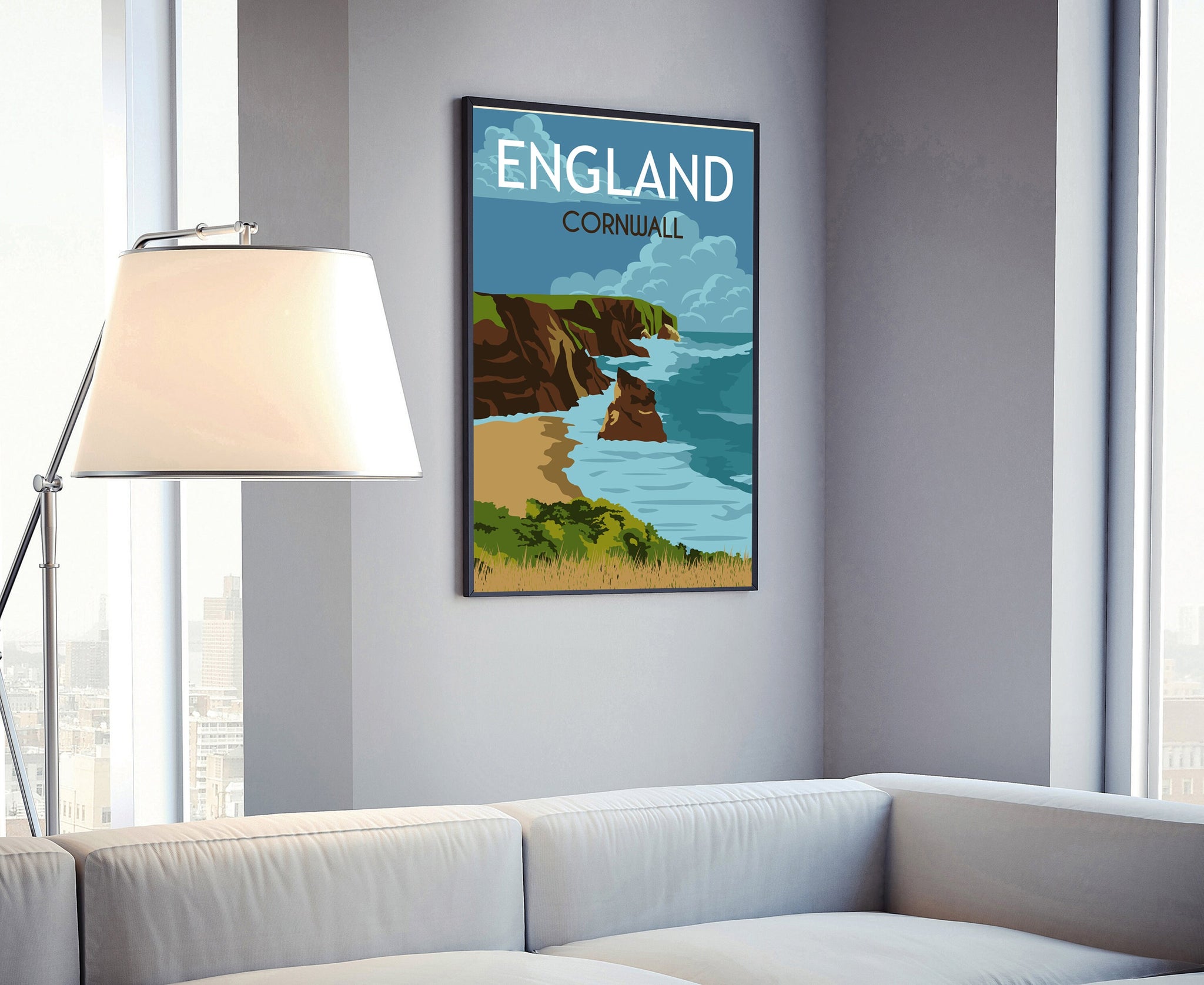 ENGLAND CORNWALL retro travel poster, England Cornwall cityscape poster, Cornwall landmark poster, Home wall art, Office wall decoration