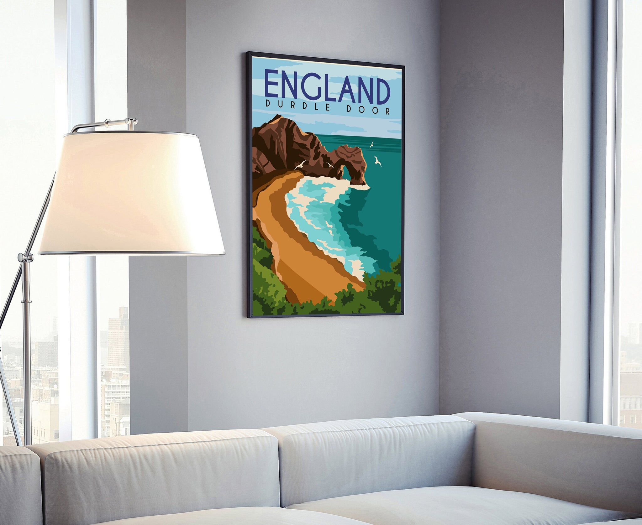 ENGLAND DURDLE DOOR retro travel poster, Durdle Door cityscape poster, England landmark poster wall art, Home wall art, Office wall decor