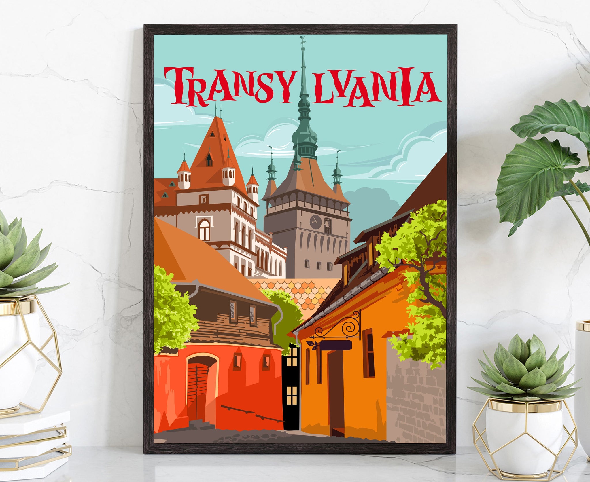 TRANSYLVANIA retro travel poster, Transylvania cityscape poster, Romania landmark poster wall art, Home wall art, Office wall decorations