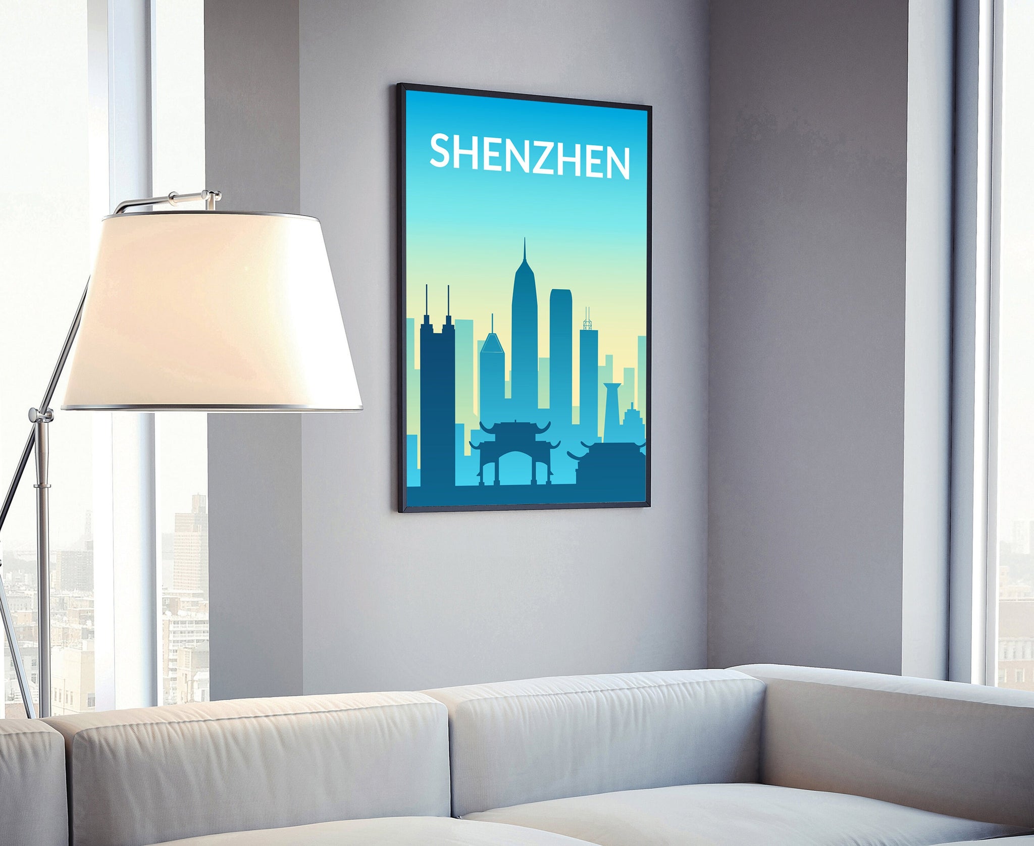 Solid Color World City Poster, Shenzhen Solid Color Modern Poster Print, China Shenzhen Modern City Poster, Office  Home Wall Decoration