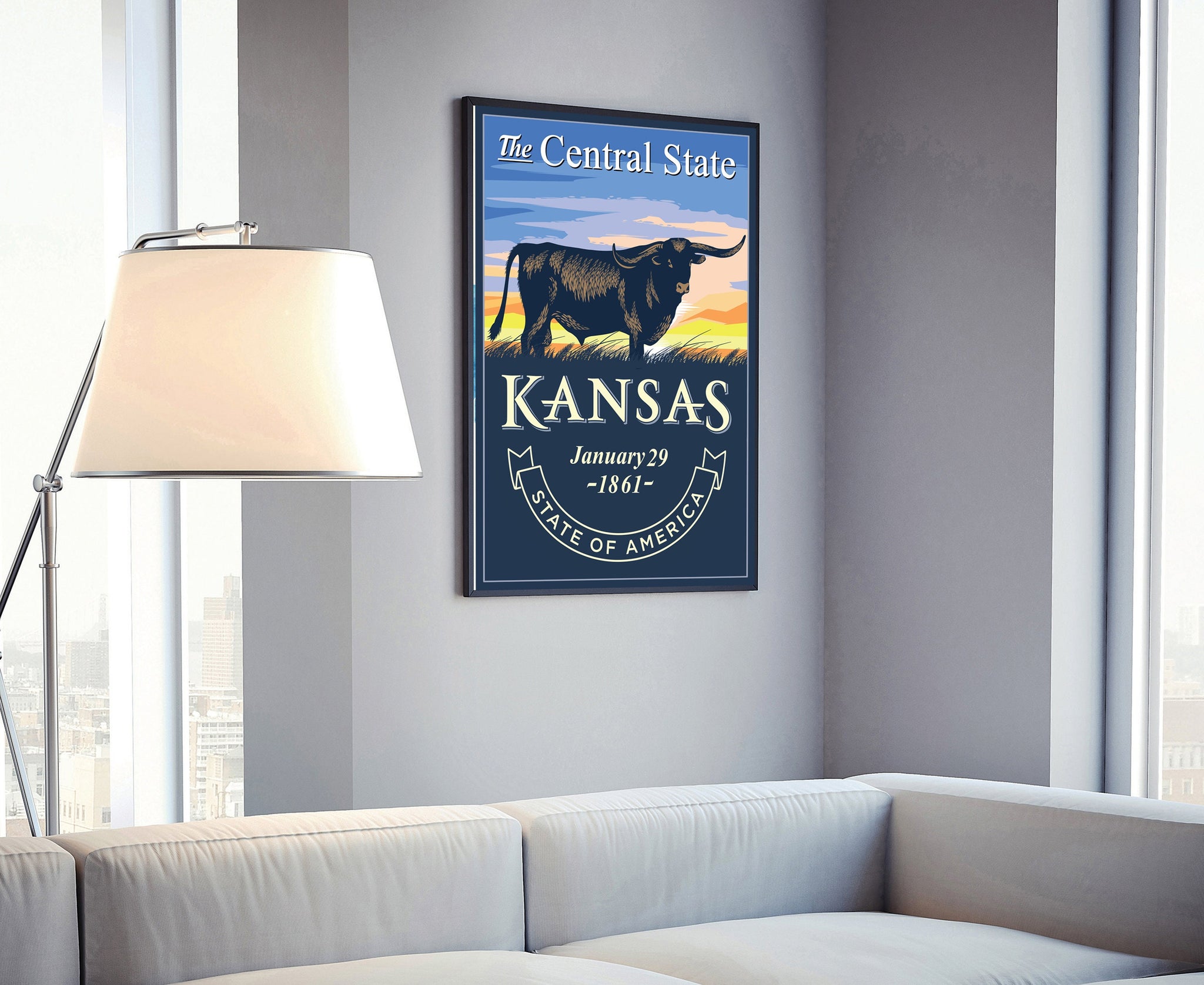 United States Poster, Kansas State Poster Print, Kansas State Emblem Poster, Retro Travel State Poster, Home Wall Art, Office Wall Art