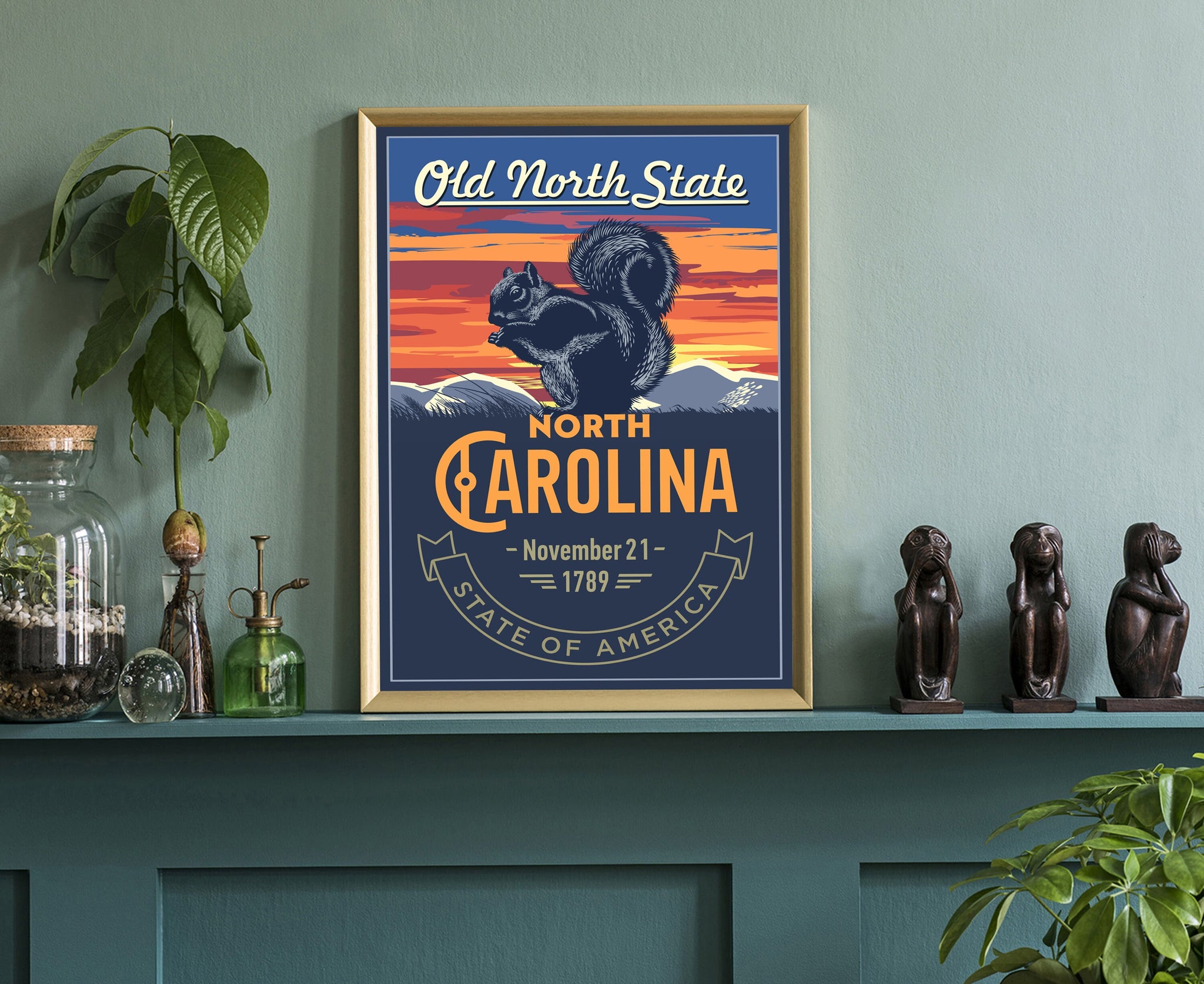 United States Poster, North Carolina State Poster Print, North Carolina State Emblem Poster, Retro Travel State Poster, Home Office Wall Art