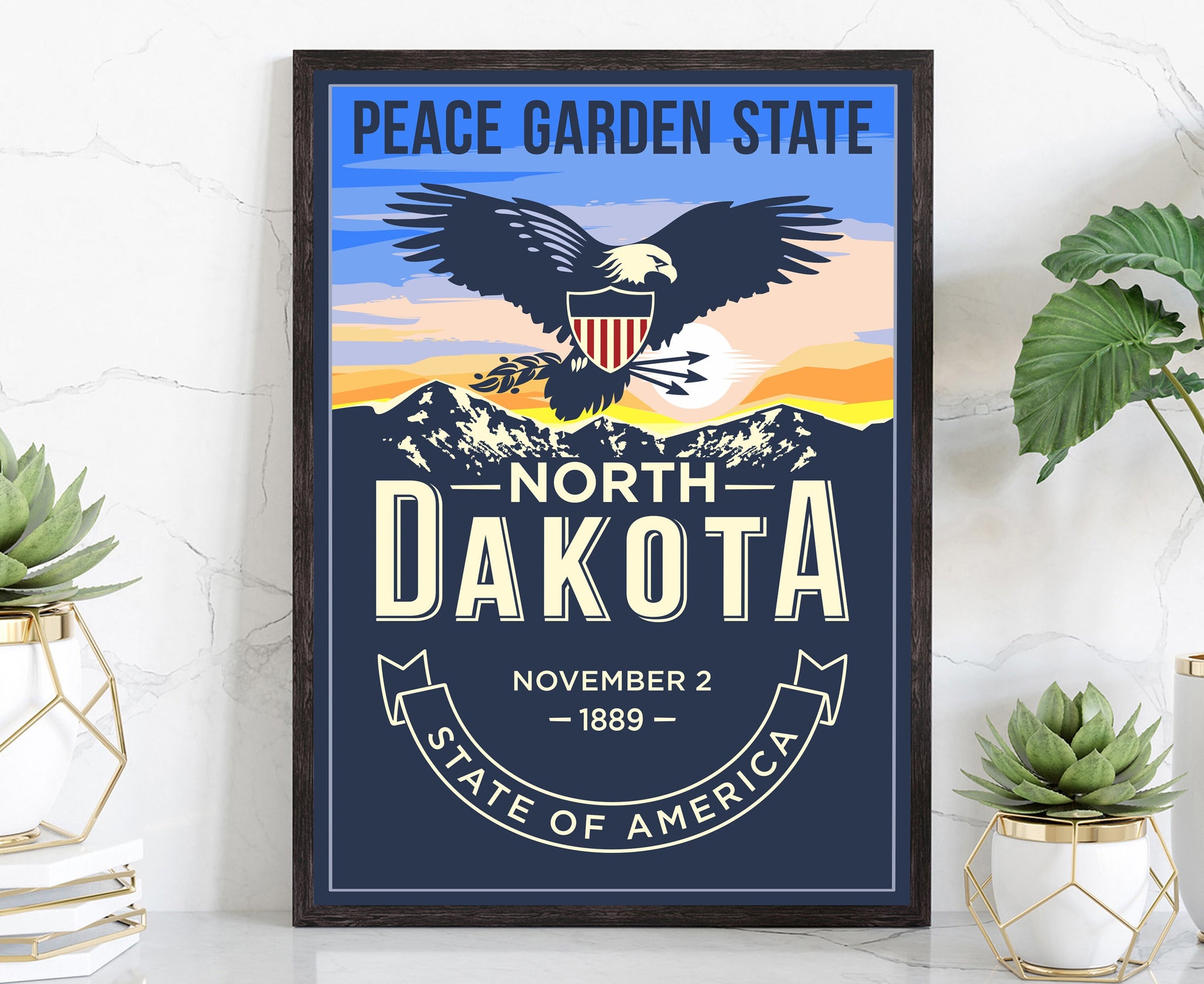 United States Poster, North Dakota State Poster Print, North Dakota State Emblem Poster, Retro Travel State Poster, Home Office Wall Art