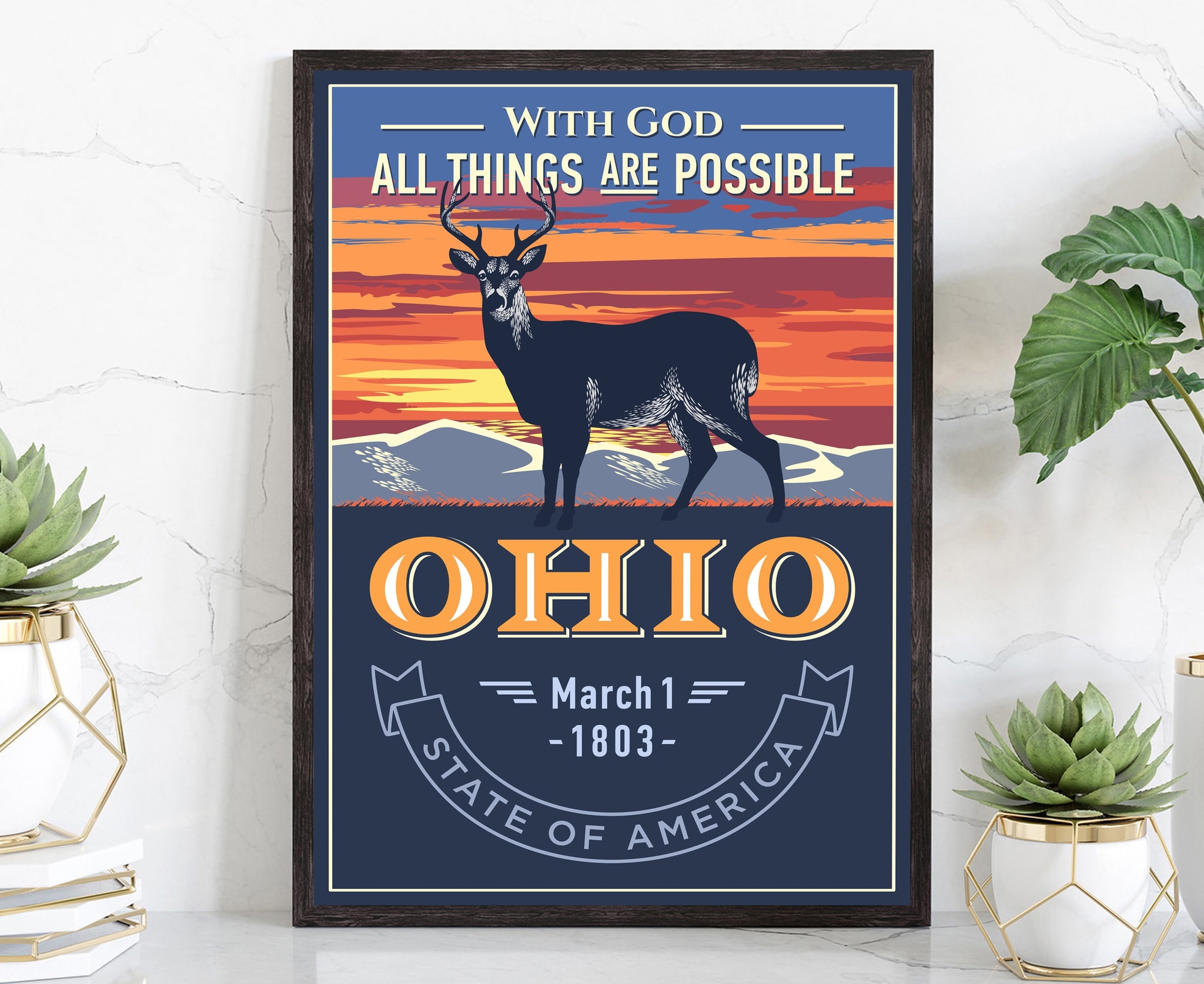 United States Poster, Ohio State Poster Print, Ohio State Emblem Poster, Retro Travel State Poster, Home Wall Art, Office Wall Art