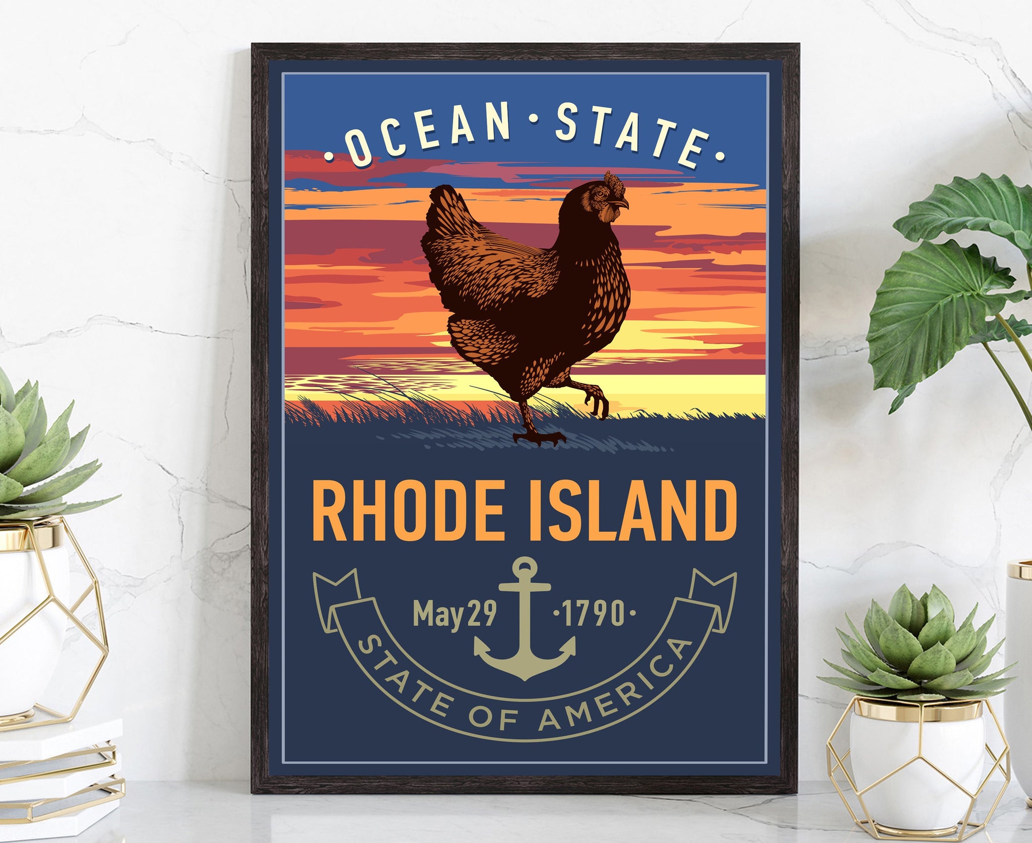 United States Poster, Rhode Island State Poster Print, Rhode Island State Emblem Poster, Retro Travel State Poster, Home Office Wall Art