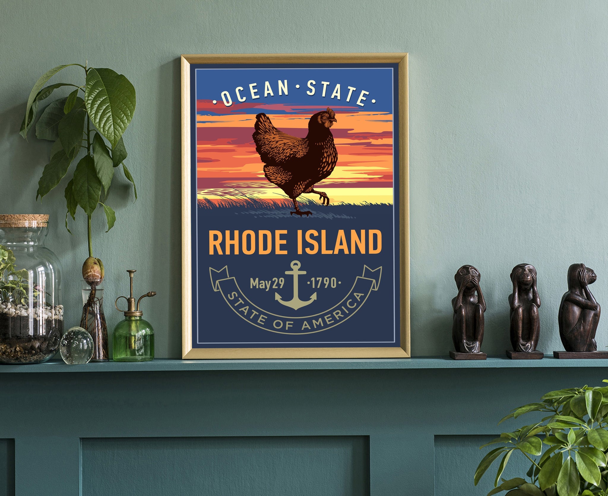 United States Poster, Rhode Island State Poster Print, Rhode Island State Emblem Poster, Retro Travel State Poster, Home Office Wall Art