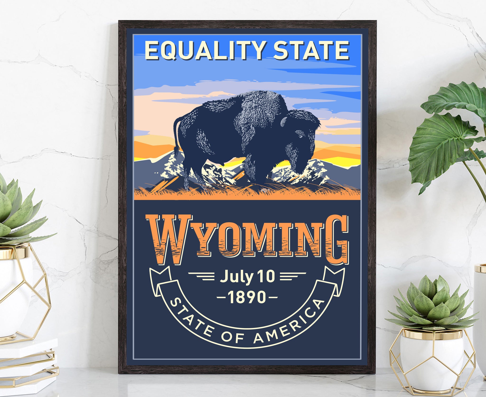 United States Poster, Wyoming State Poster Print, Wyoming State Emblem Poster, Retro Travel State Poster, Home Wall Art, Office Wall Art