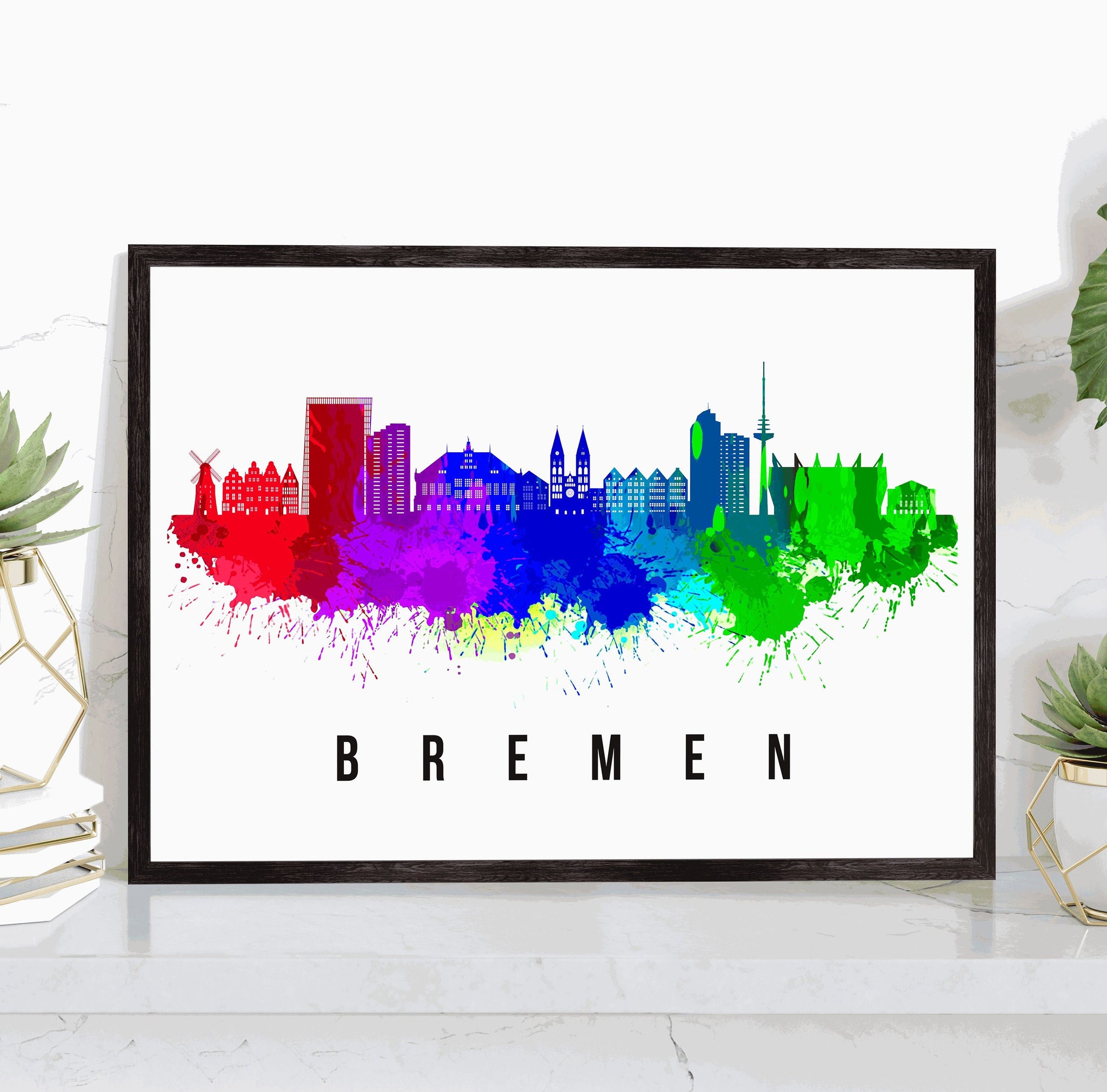 BREMEN - GERMANY Poster,  Skyline Poster Cityscape and Landmark Bordeaux Illustration Home Wall Art, Office Decor