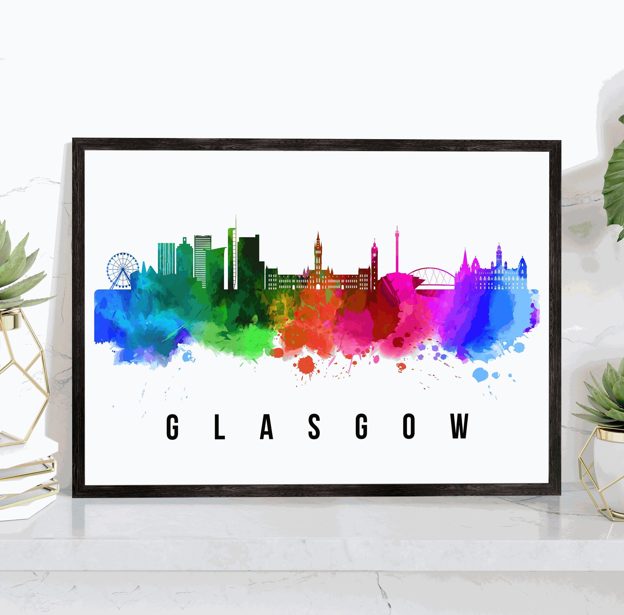 GLASGOW - SCOTLAND Poster,  Skyline Poster Cityscape and Landmark Glasgow Illustration Home Wall Art, Office Decor