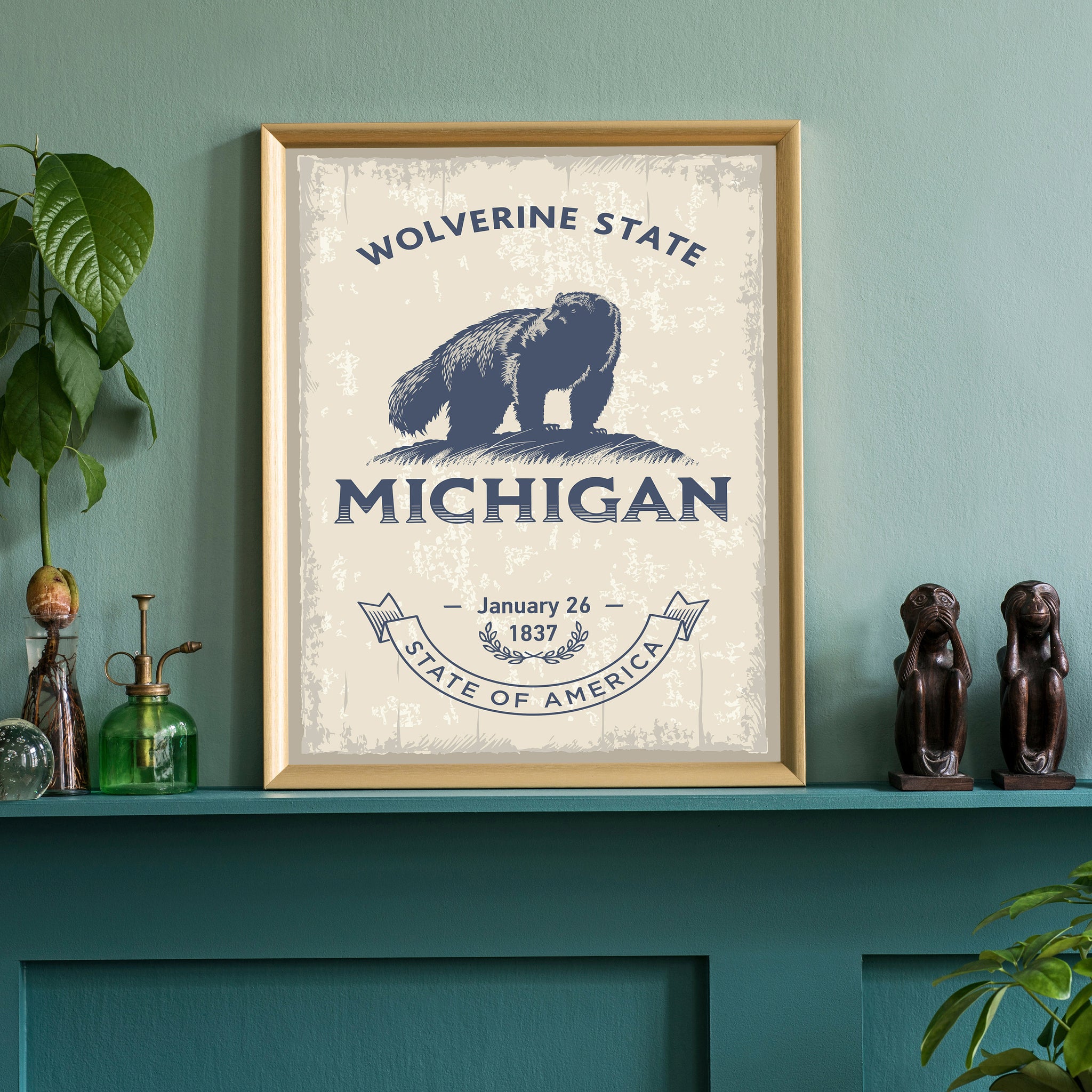 Michigan State Symbol Poster, Michigan State Poster Print, Michigan State Emblem Poster, Retro Travel State Poster, Home and Office Wall Art