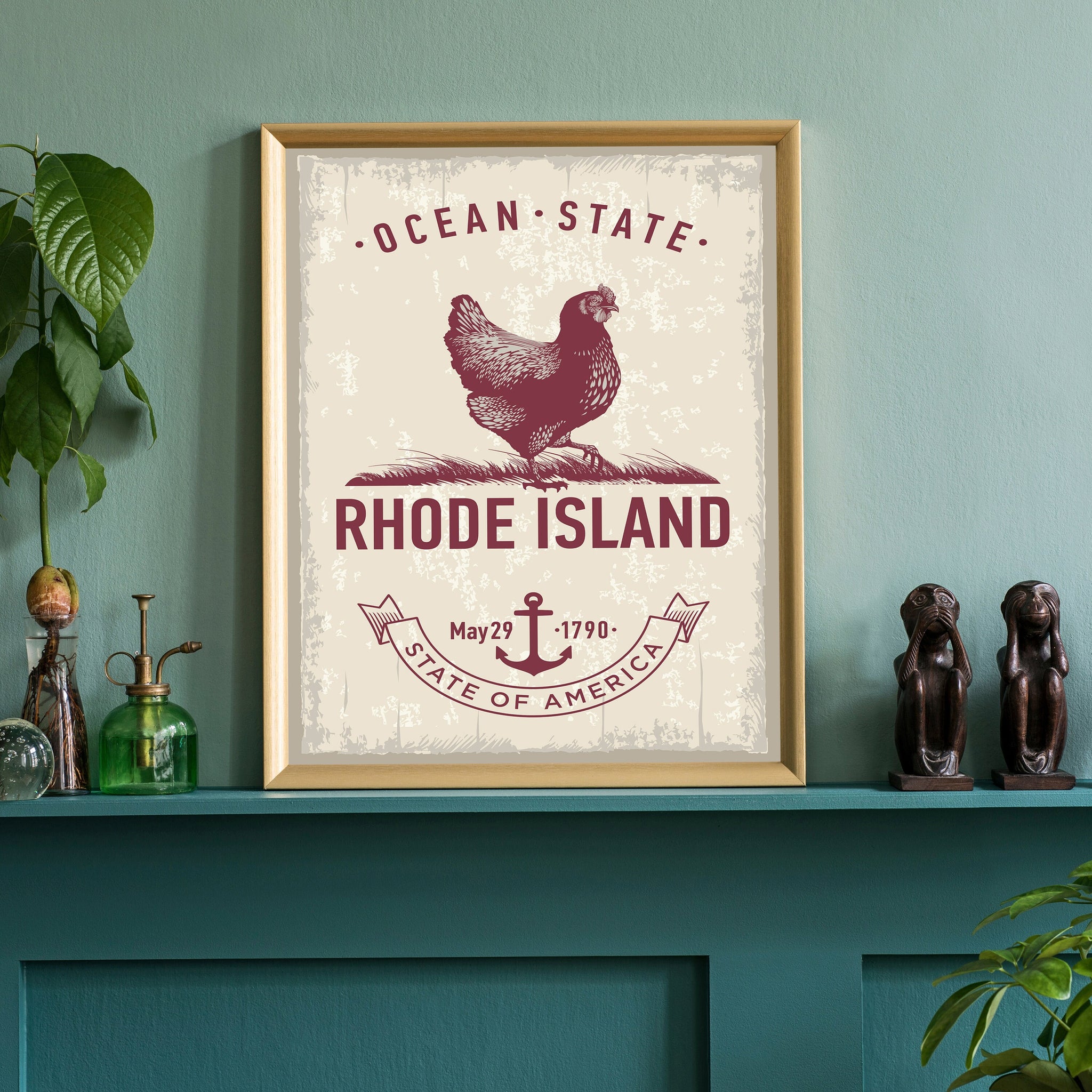 Rhode Island State Symbol Poster, State Poster Print, Oregon State Emblem Poster, Retro Travel State Poster, Home and Office Wall Art
