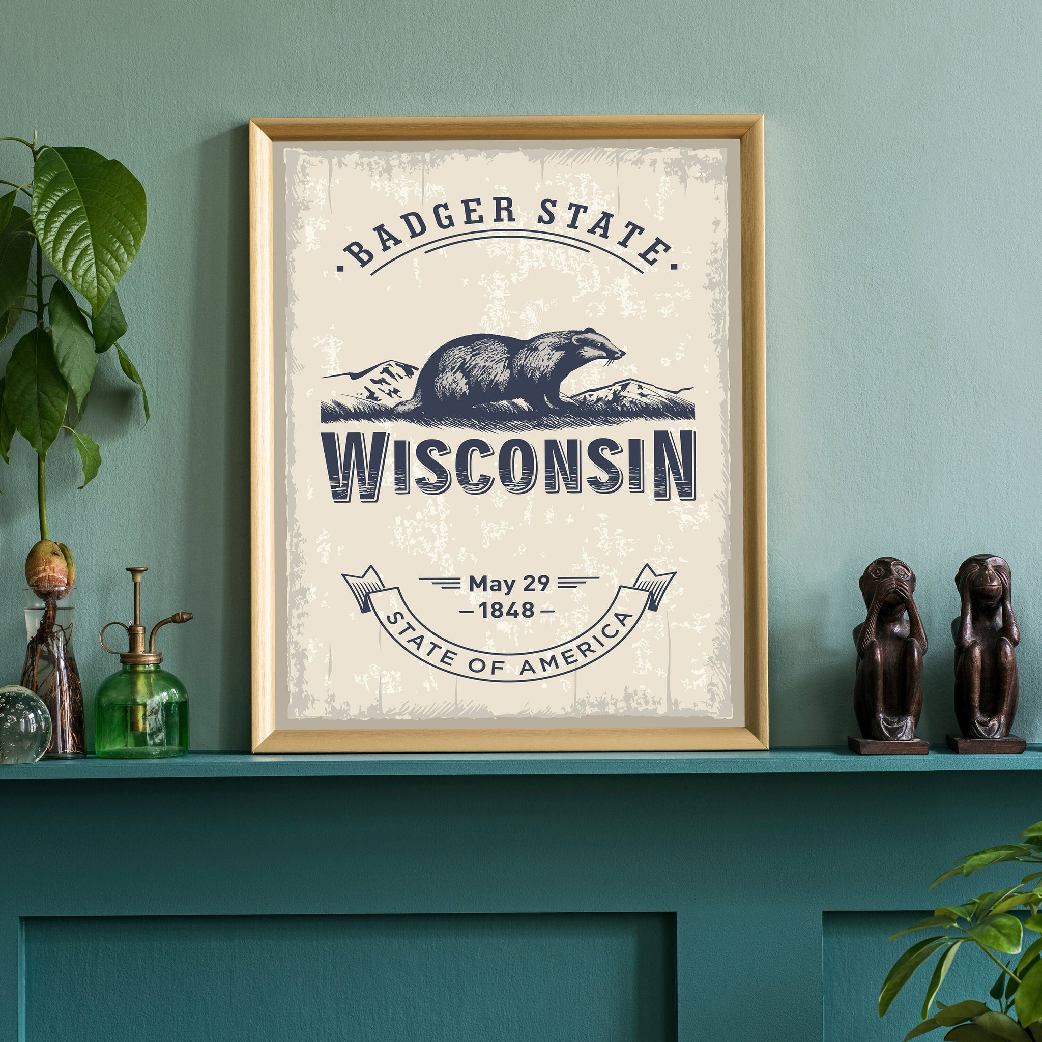 Wisconsin State Symbol Poster, Wisconsin Poster Print, Wisconsin State Emblem Poster, Retro Travel State Poster, Home and Office Wall Art