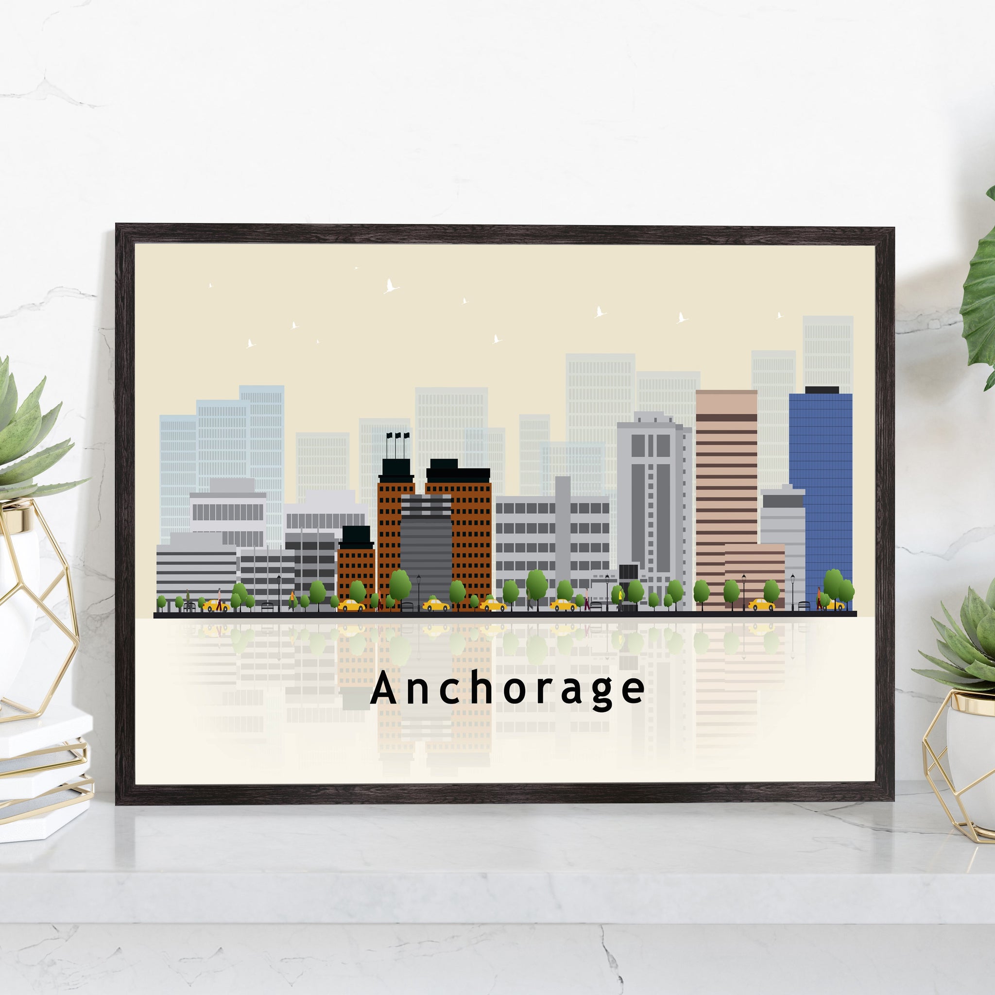 ANCHORAGE ALASKA Illustration skyline poster, Anchorage modern skyline cityscape poster,  Landmark art poster print, Office decoration idea