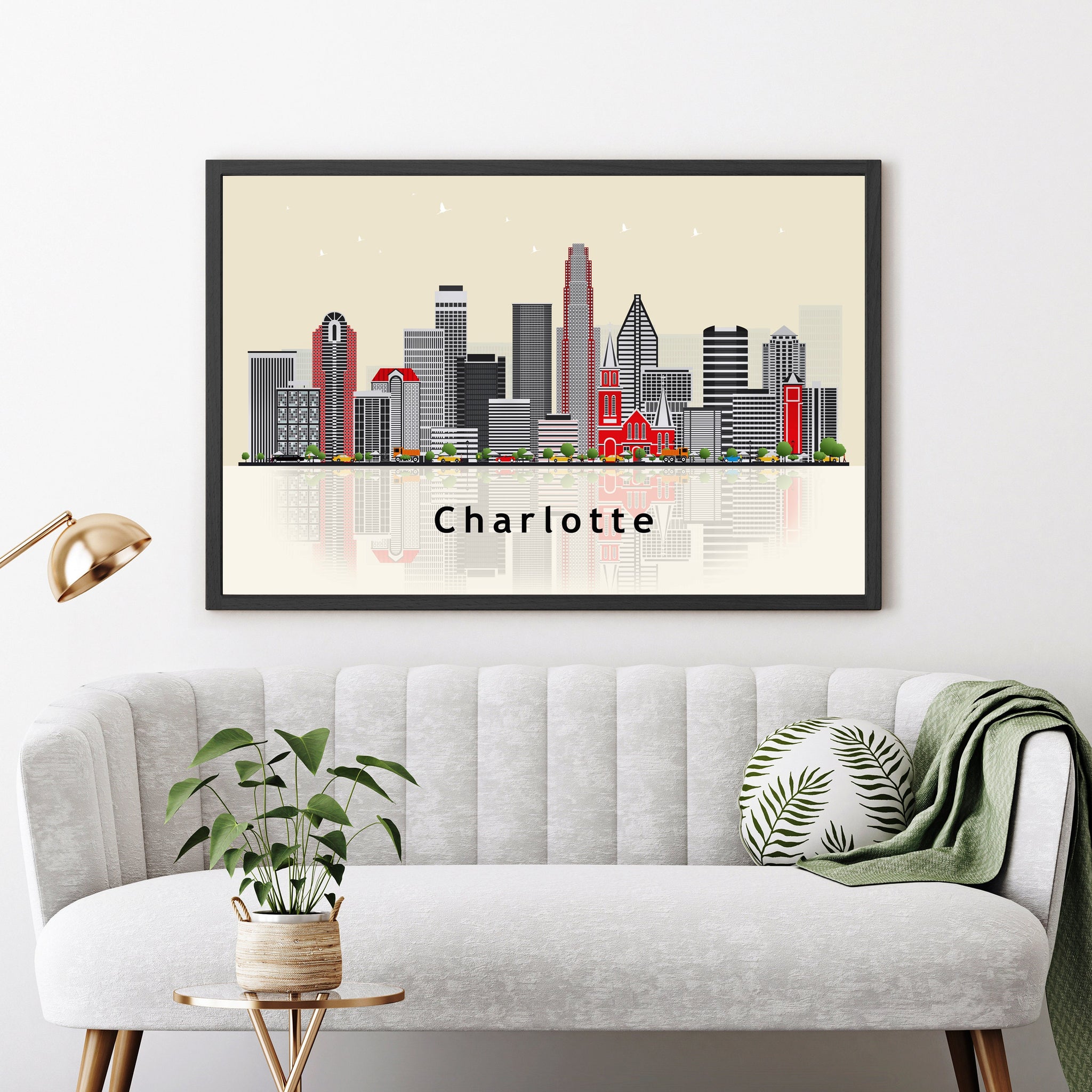 CHARLOTTE NORTH CAROLINA Illustration skyline poster, North Carolina state modern skyline cityscape poster, Landmark art print, Gift for her
