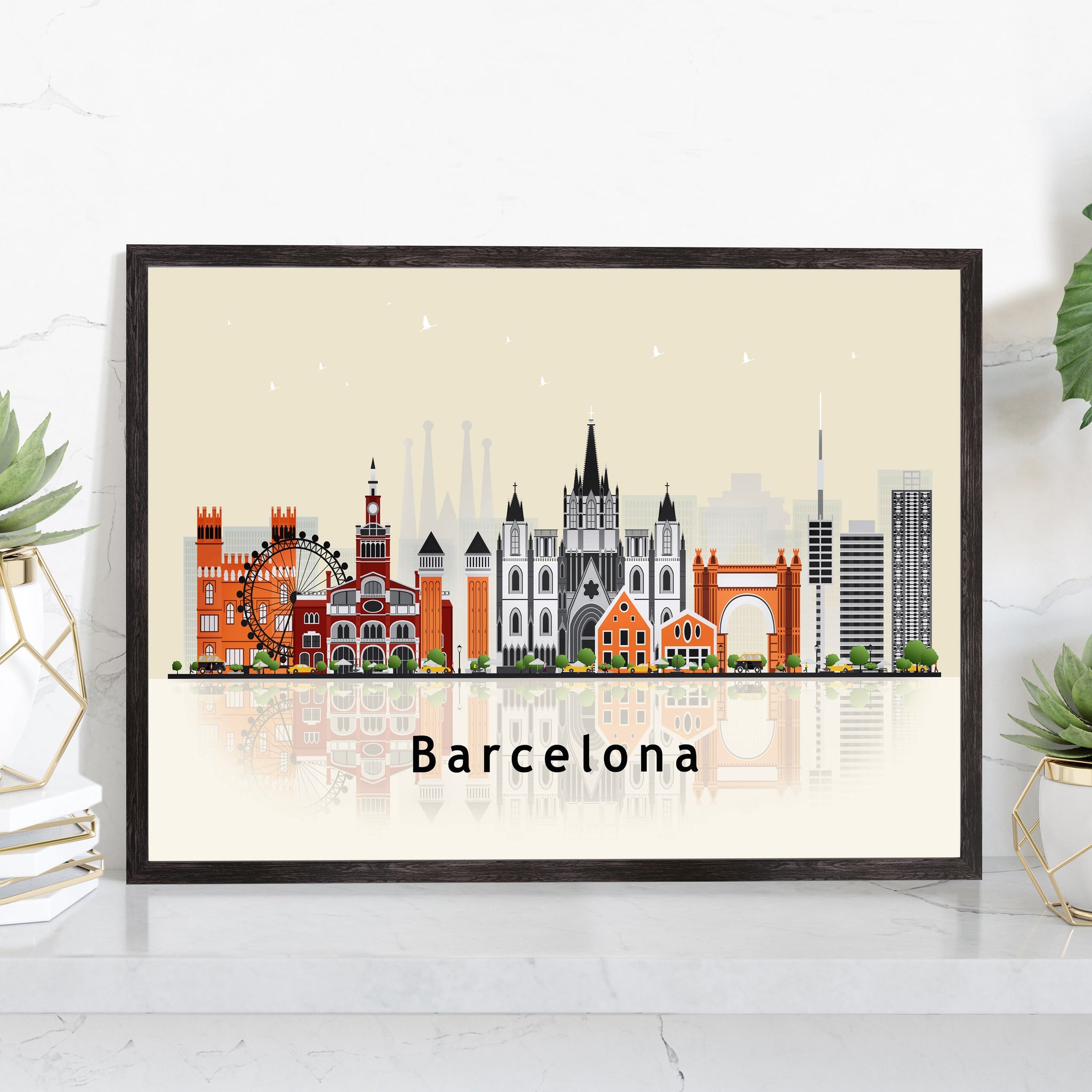 BARCELONA SPAIN Illustration skyline poster, Barcelona modern skyline cityscape poster print, Landmark map poster, Home wall art decoration