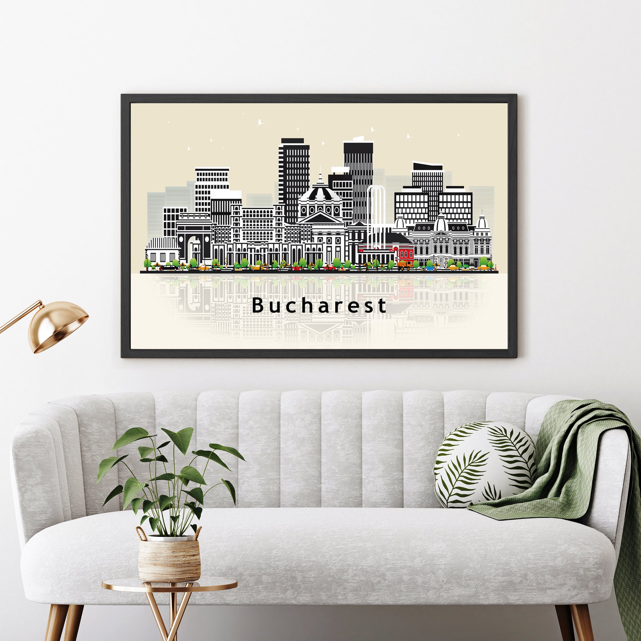 BUCHAREST ROMANIA Illustration skyline poster, Modern skyline cityscape poster print, Romania landmark map poster, Home wall decoration