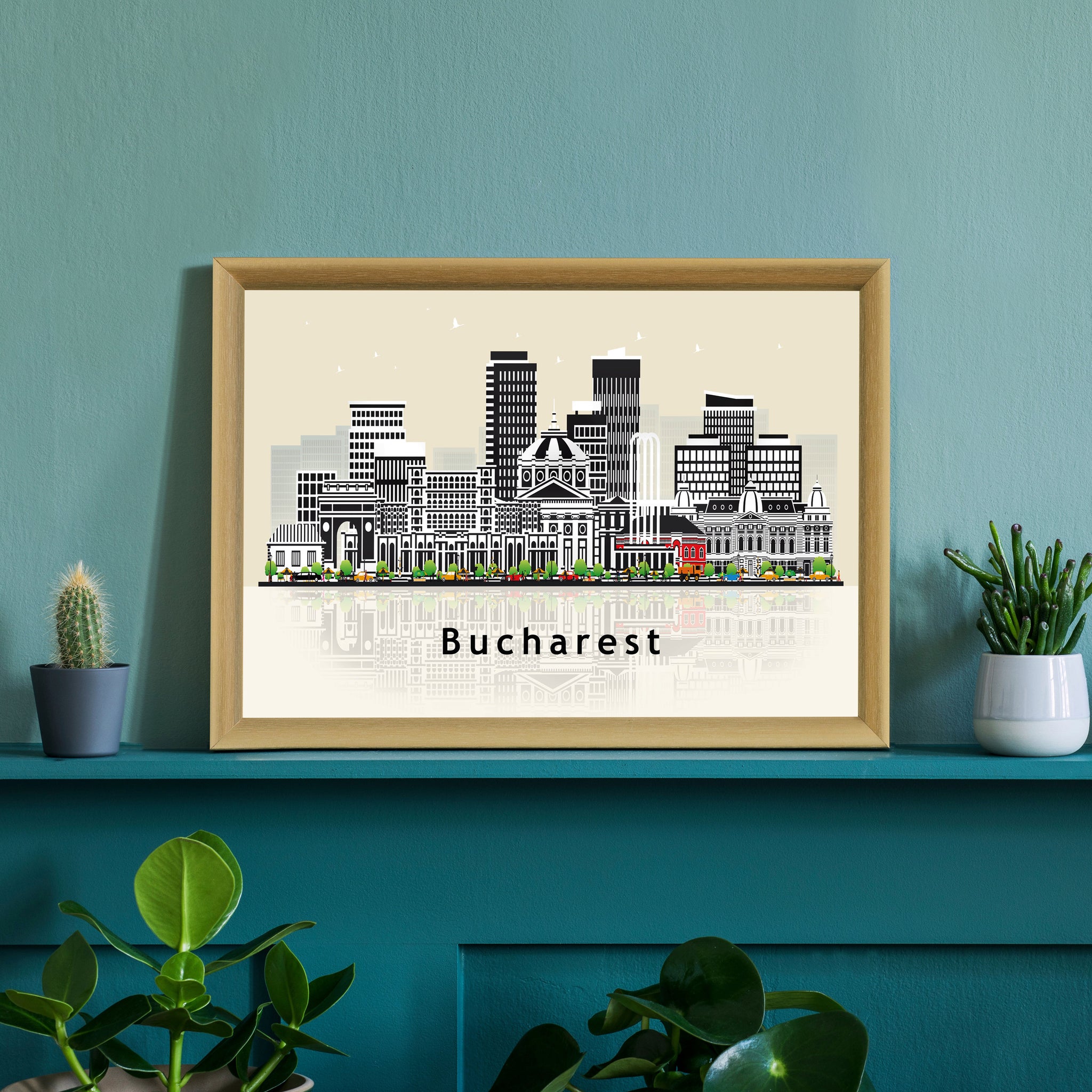 BUCHAREST ROMANIA Illustration skyline poster, Modern skyline cityscape poster print, Romania landmark map poster, Home wall decoration