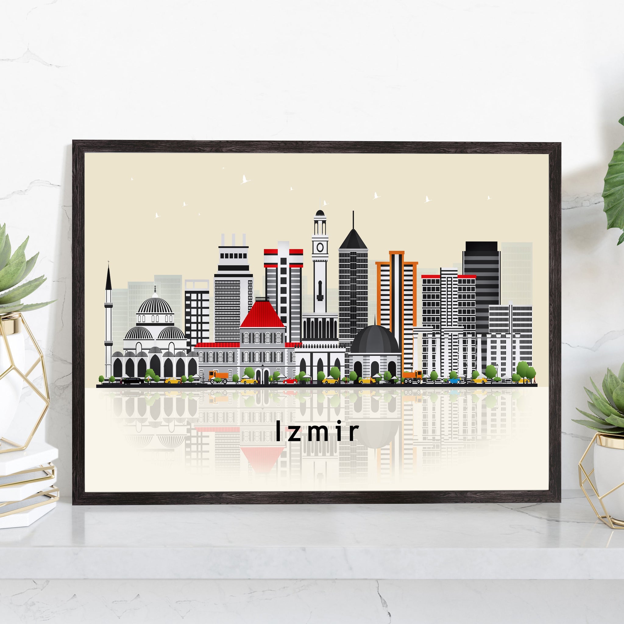 IZMIR TURKEY Illustration skyline poster, Modern skyline cityscape poster print, Izmir landmark map poster, Home wall decoration