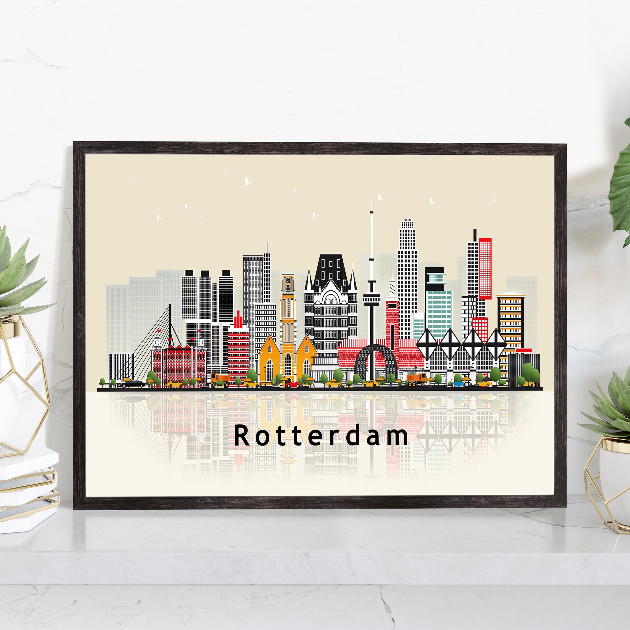 ROTTERDAM NETHERLANDS Illustration skyline poster, Modern skyline cityscape poster print, Landmark map poster, Home wall art decoration