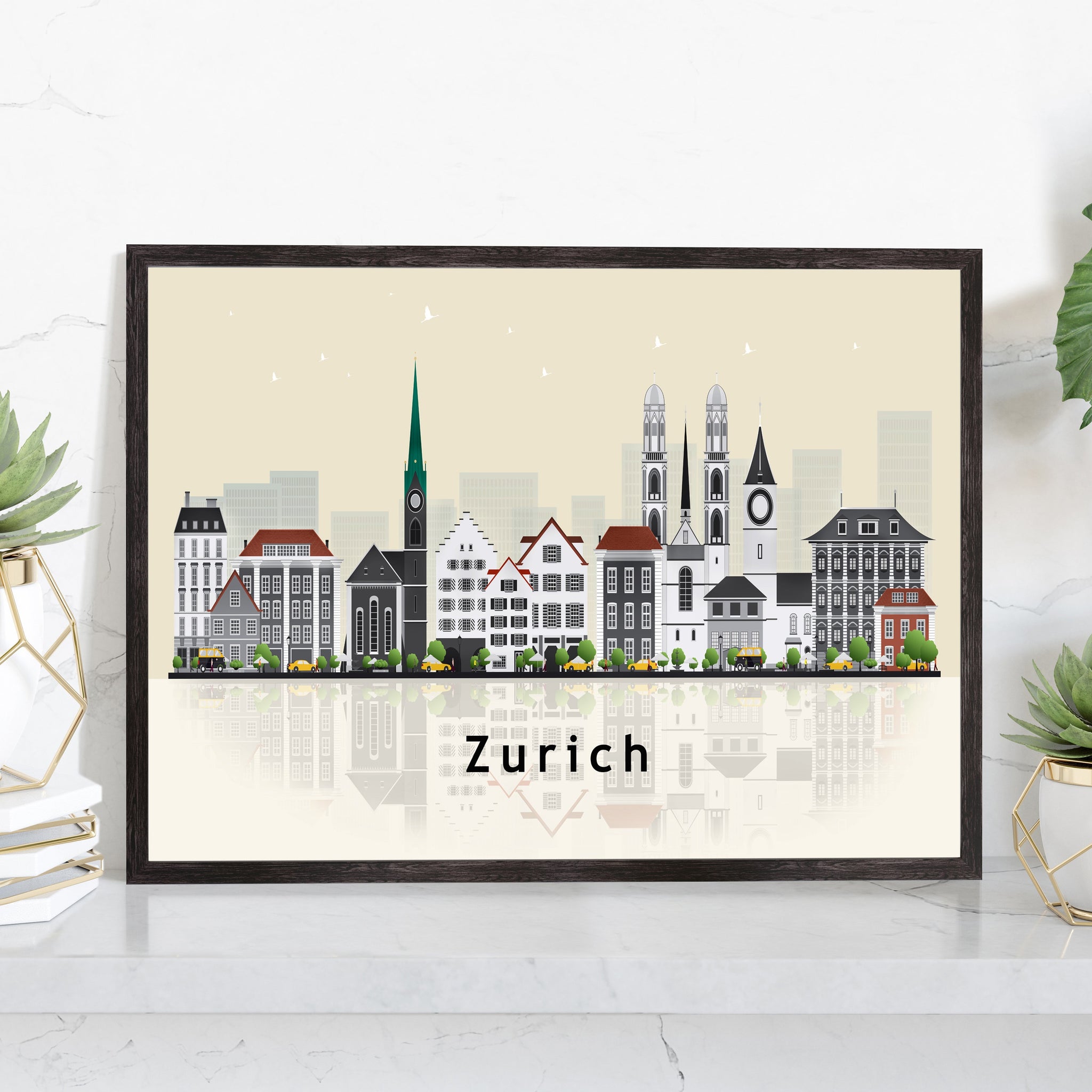 ZURICH SWITZERLAND Illustration skyline poster, Modern skyline cityscape poster print, Landmark map poster, Home wall art decoration