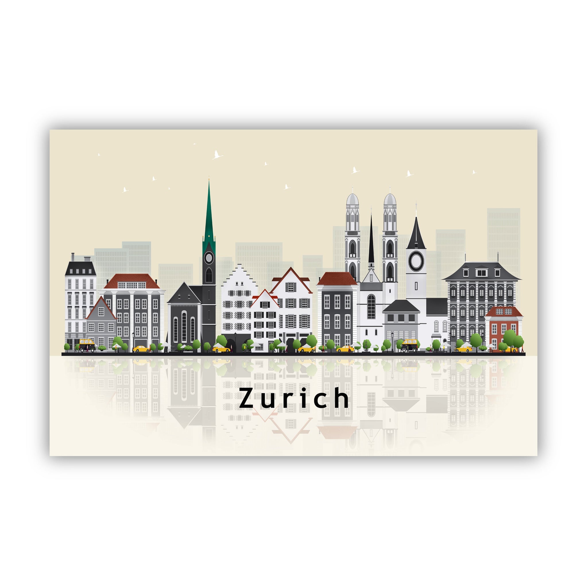 ZURICH SWITZERLAND Illustration skyline poster, Modern skyline cityscape poster print, Landmark map poster, Home wall art decoration