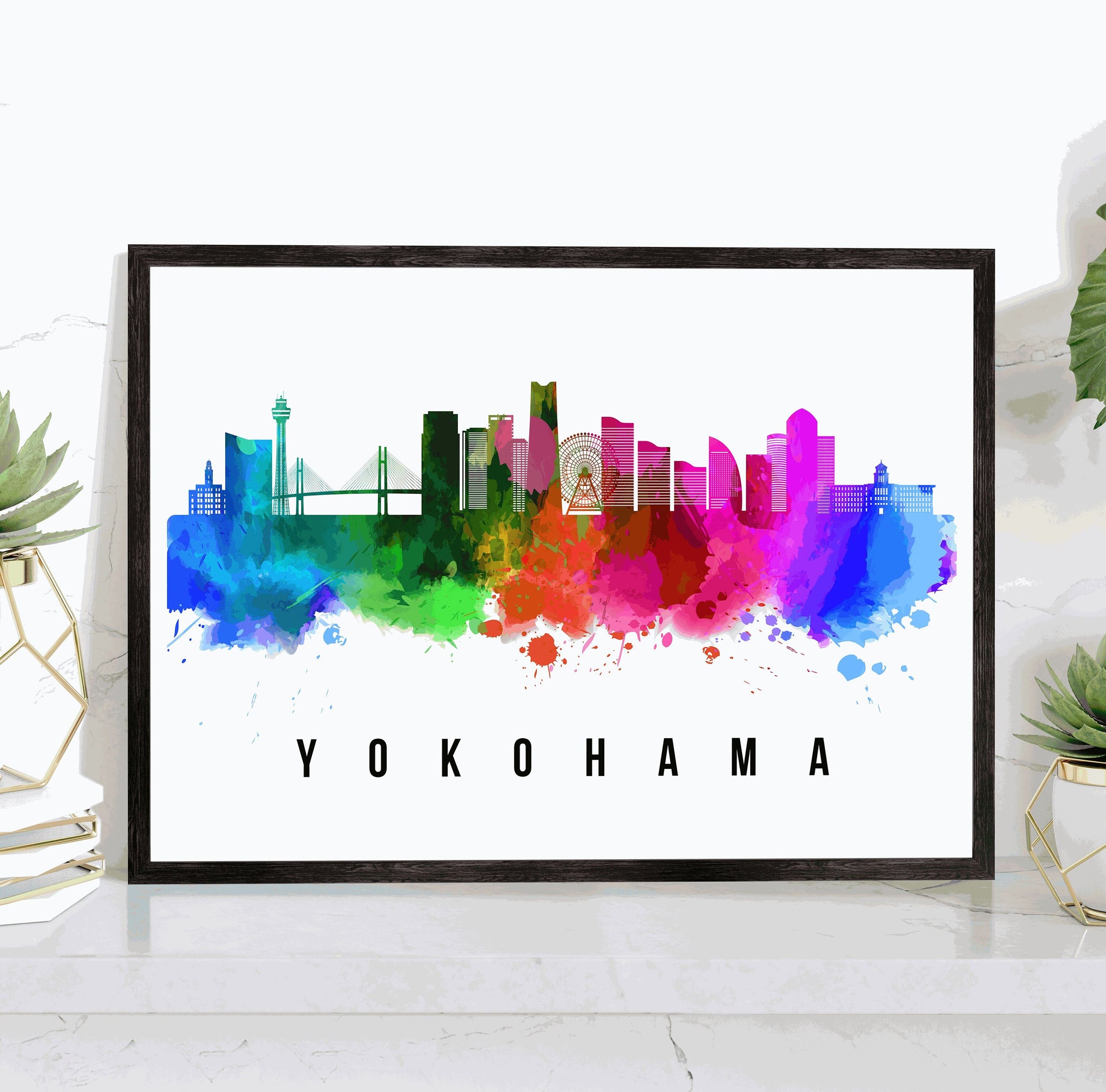 YOKOHAMA - JAPAN Poster,  Skyline Poster Cityscape and Landmark Yokohama Illustration Home Wall Art, Office Decor