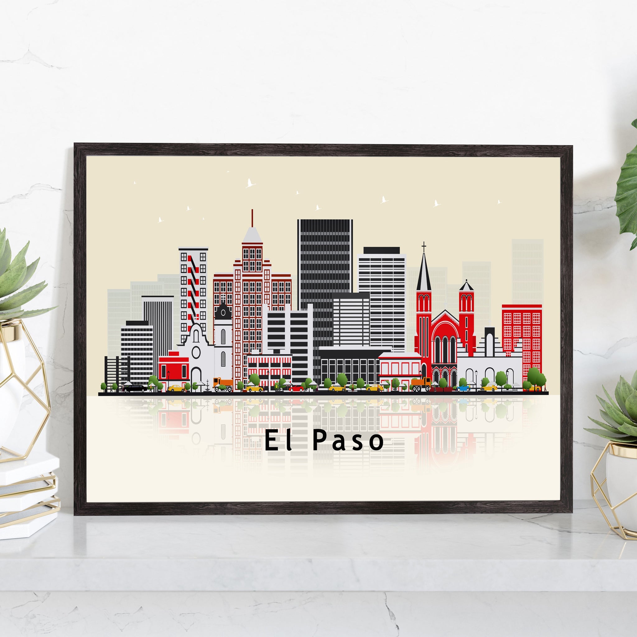 EL PASO TEXAS Illustration skyline poster, Texas state modern skyline cityscape poster, Landmark art print, Home wall decoration