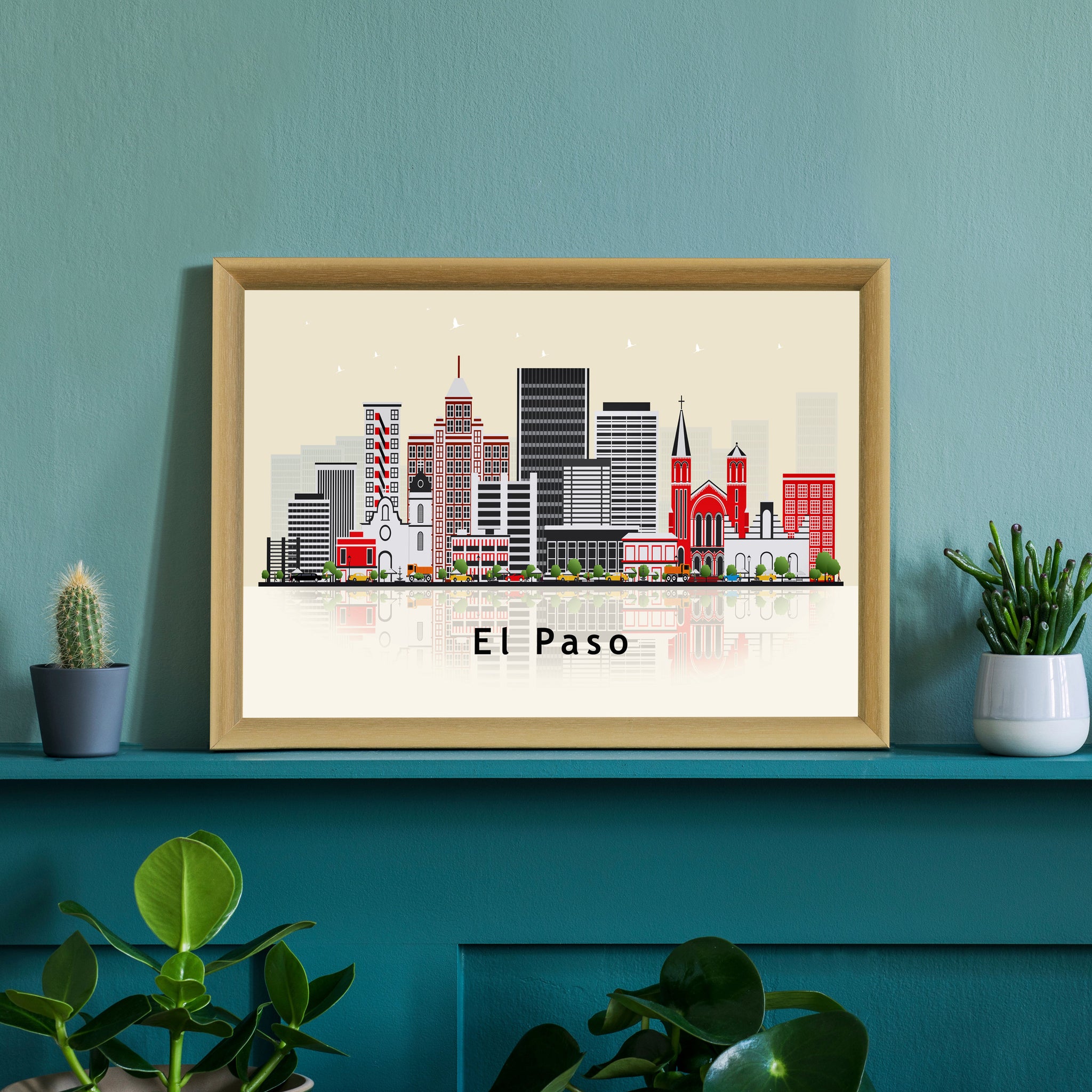 EL PASO TEXAS Illustration skyline poster, Texas state modern skyline cityscape poster, Landmark art print, Home wall decoration